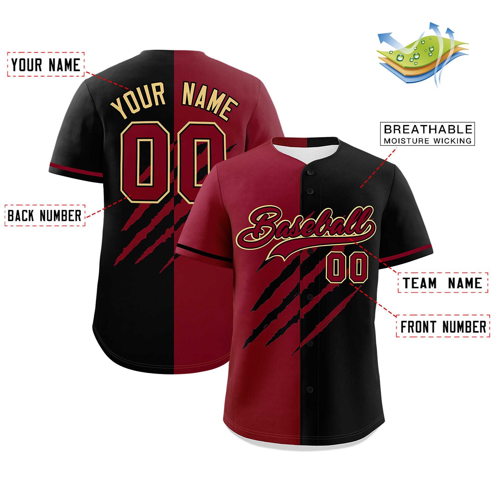 Custom Crimson Black Split Tiger Claw Scratch Pattern Baseball Jersey