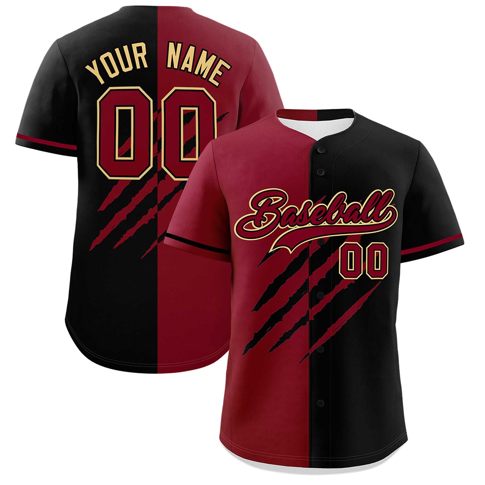 Custom Crimson Black Split Tiger Claw Scratch Pattern Baseball Jersey