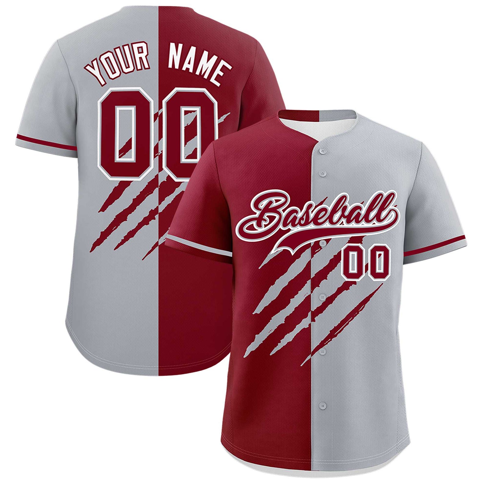 Custom Crimson Gray Split Tiger Claw Scratch Pattern Baseball Jersey