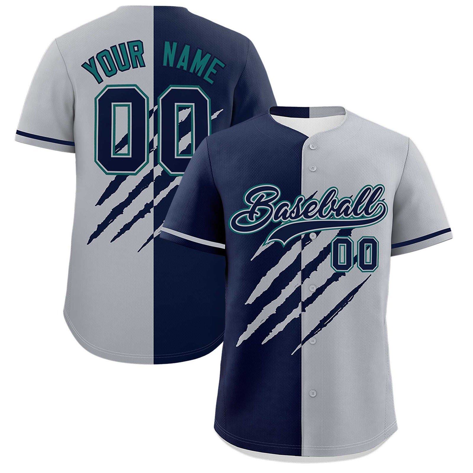 Custom Navy Gray Split Tiger Claw Scratch Pattern Baseball Jersey