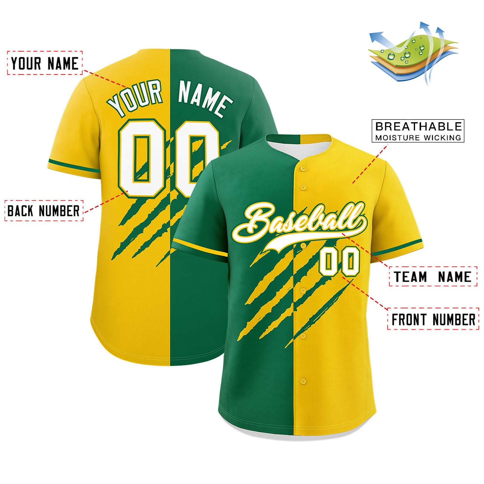 Custom Kelly Green Gold Split Tiger Claw Scratch Pattern Baseball Jersey