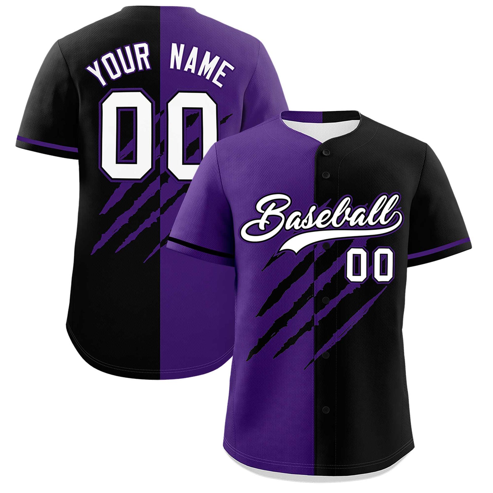 Custom Purple Black Split Tiger Claw Scratch Pattern Baseball Jersey