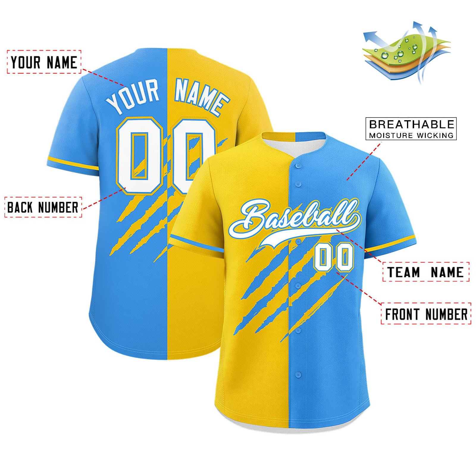Custom Gold Powder Blue Split Tiger Claw Scratch Pattern Baseball Jersey