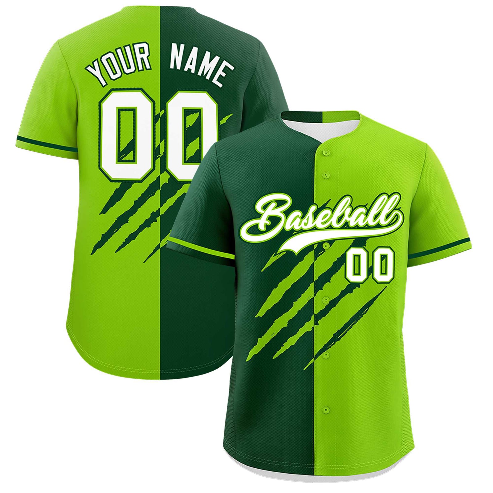 Custom Green Neon Green Split Tiger Claw Scratch Pattern Baseball Jersey