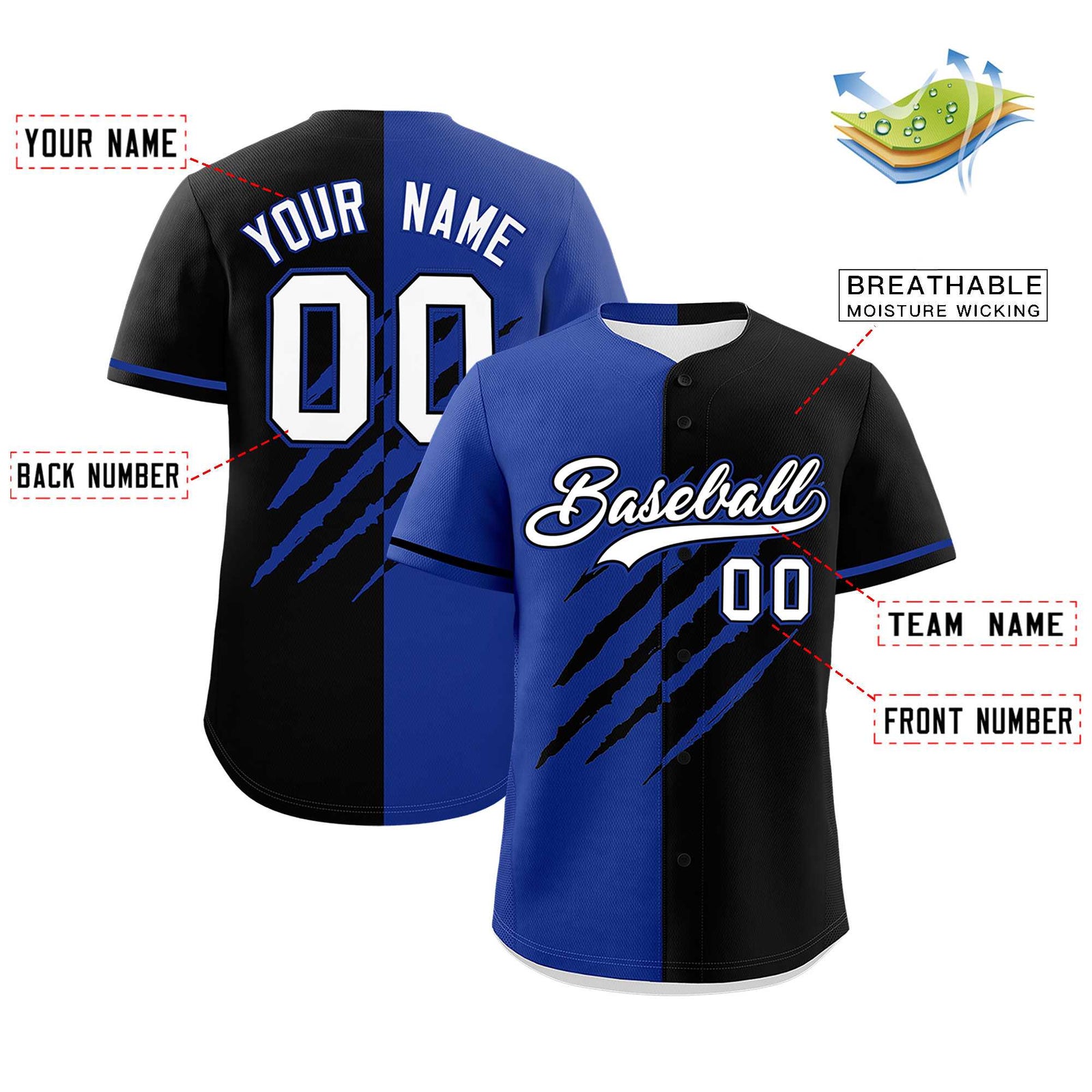 Custom Royal Blue Black Split Tiger Claw Scratch Pattern Baseball Jersey