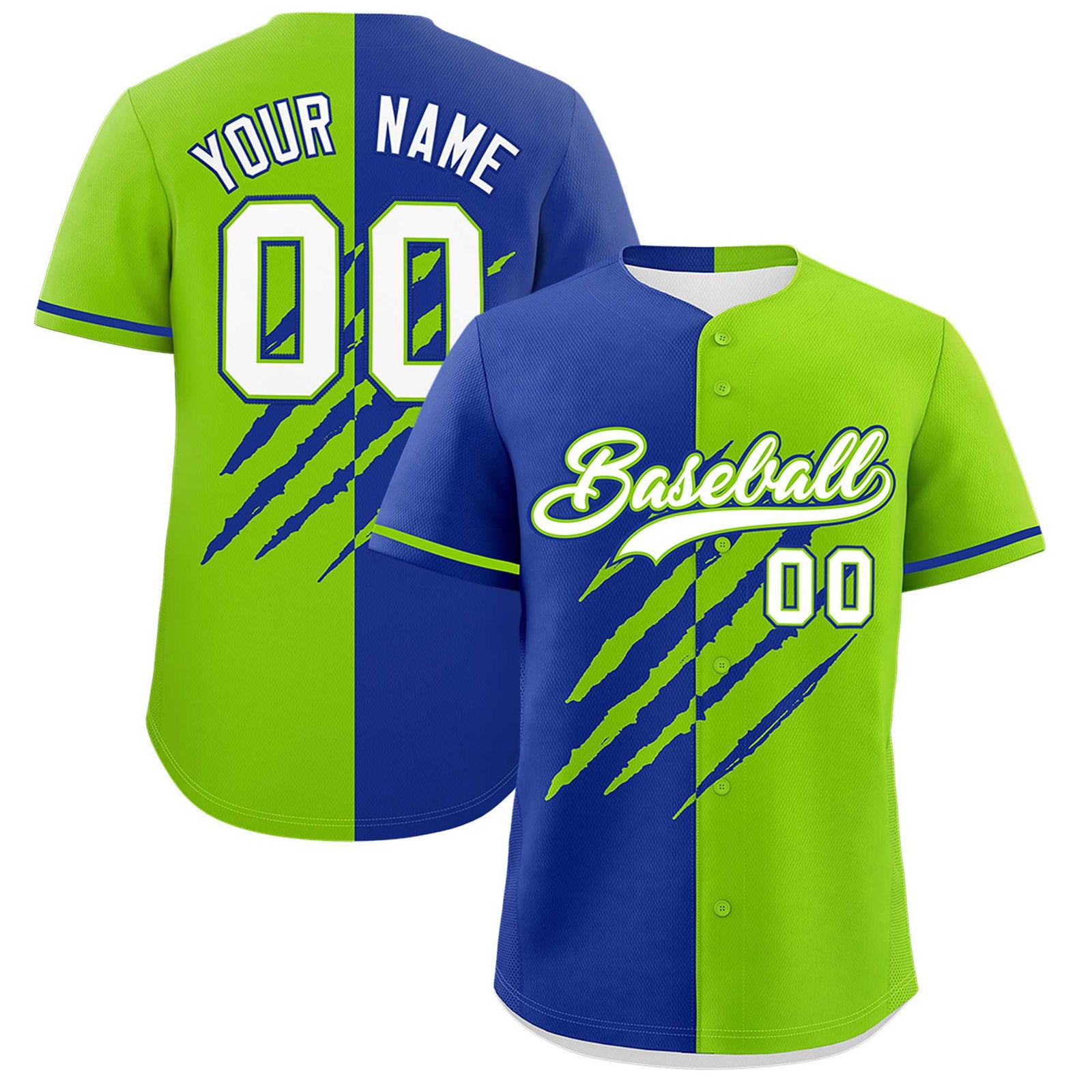 Custom Royal Blue Neon Green Split Tiger Claw Scratch Pattern Baseball Jersey