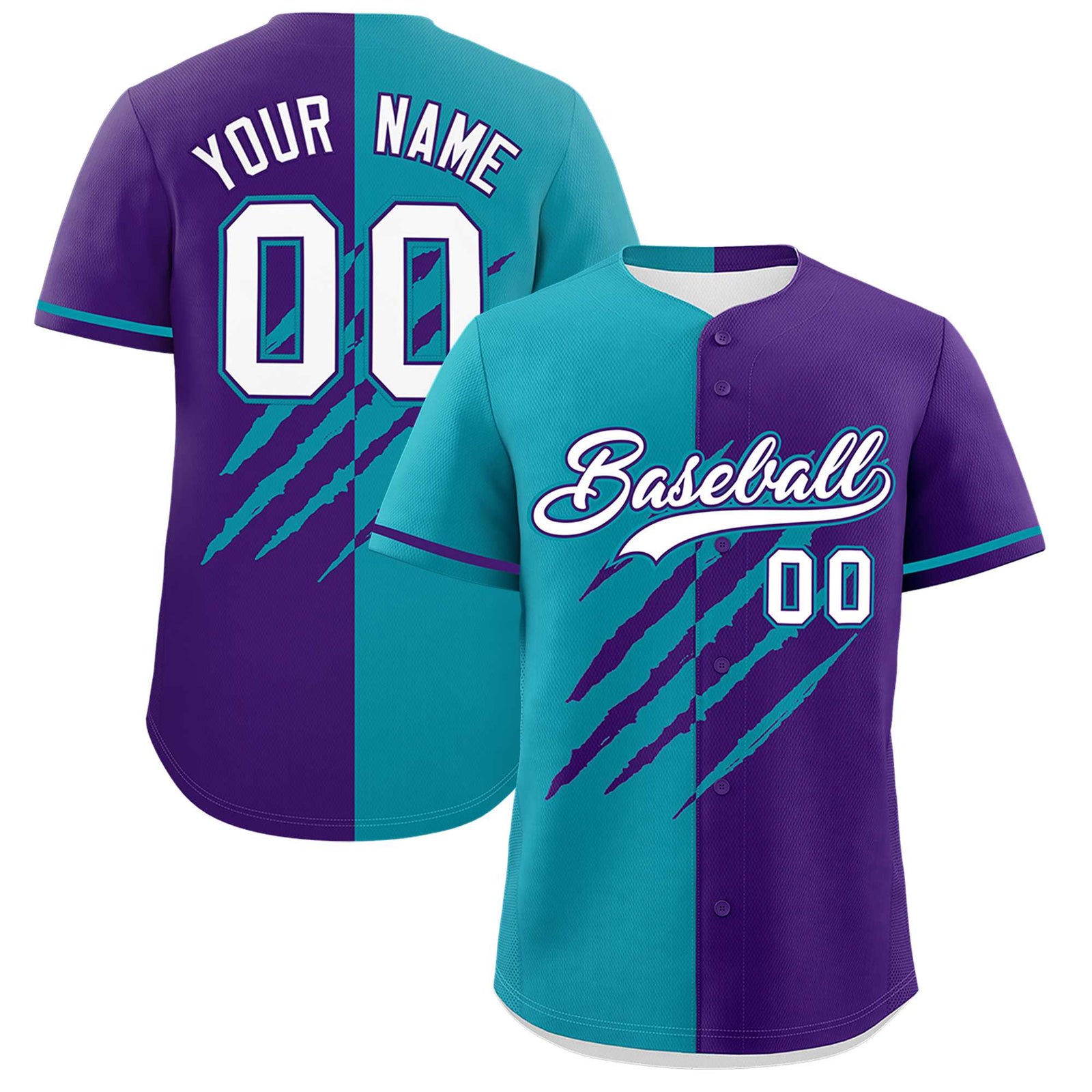 Custom Aqua Purple Split Tiger Claw Scratch Pattern Baseball Jersey