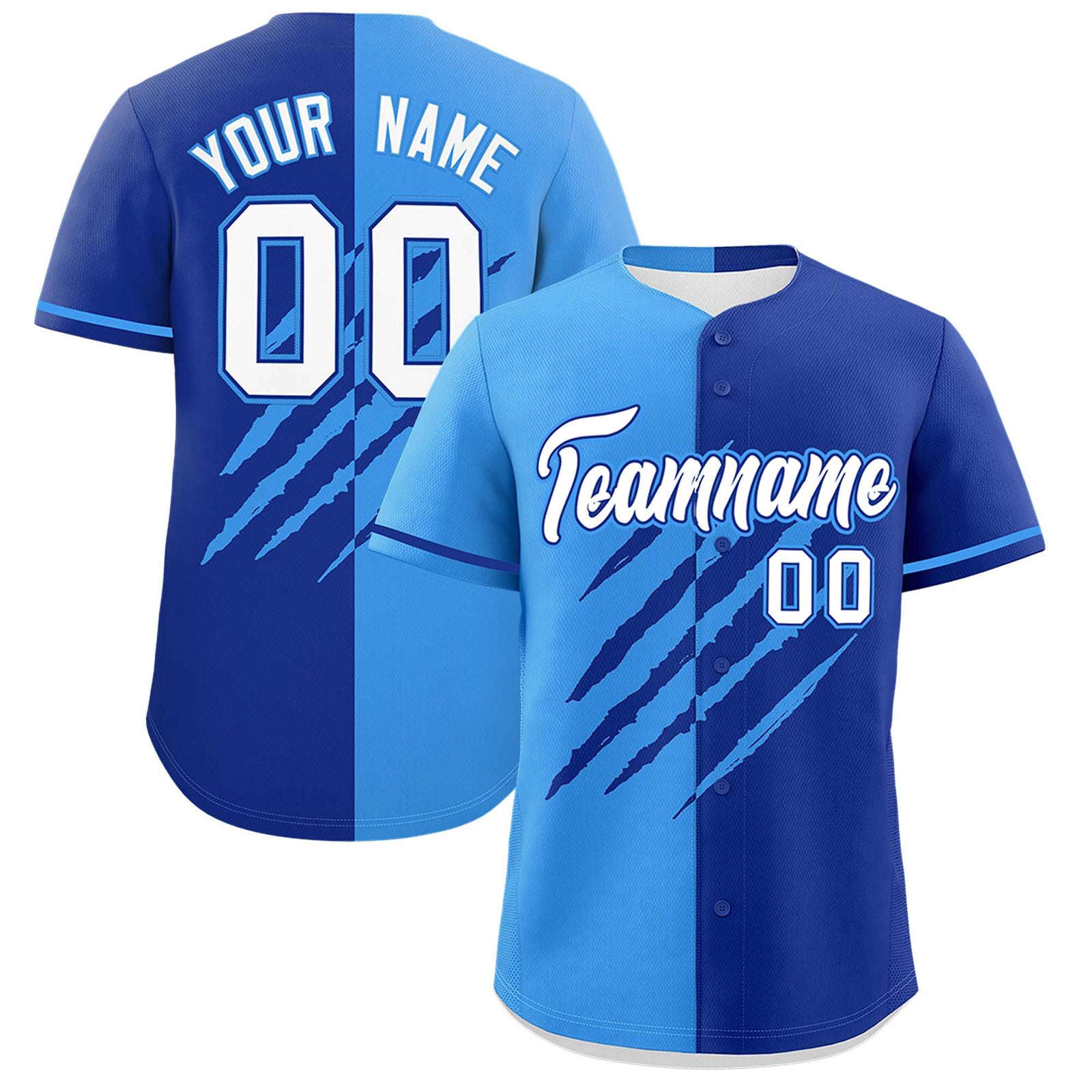 Custom Powder Blue Royal Blue Split Tiger Claw Scratch Pattern Baseball Jersey