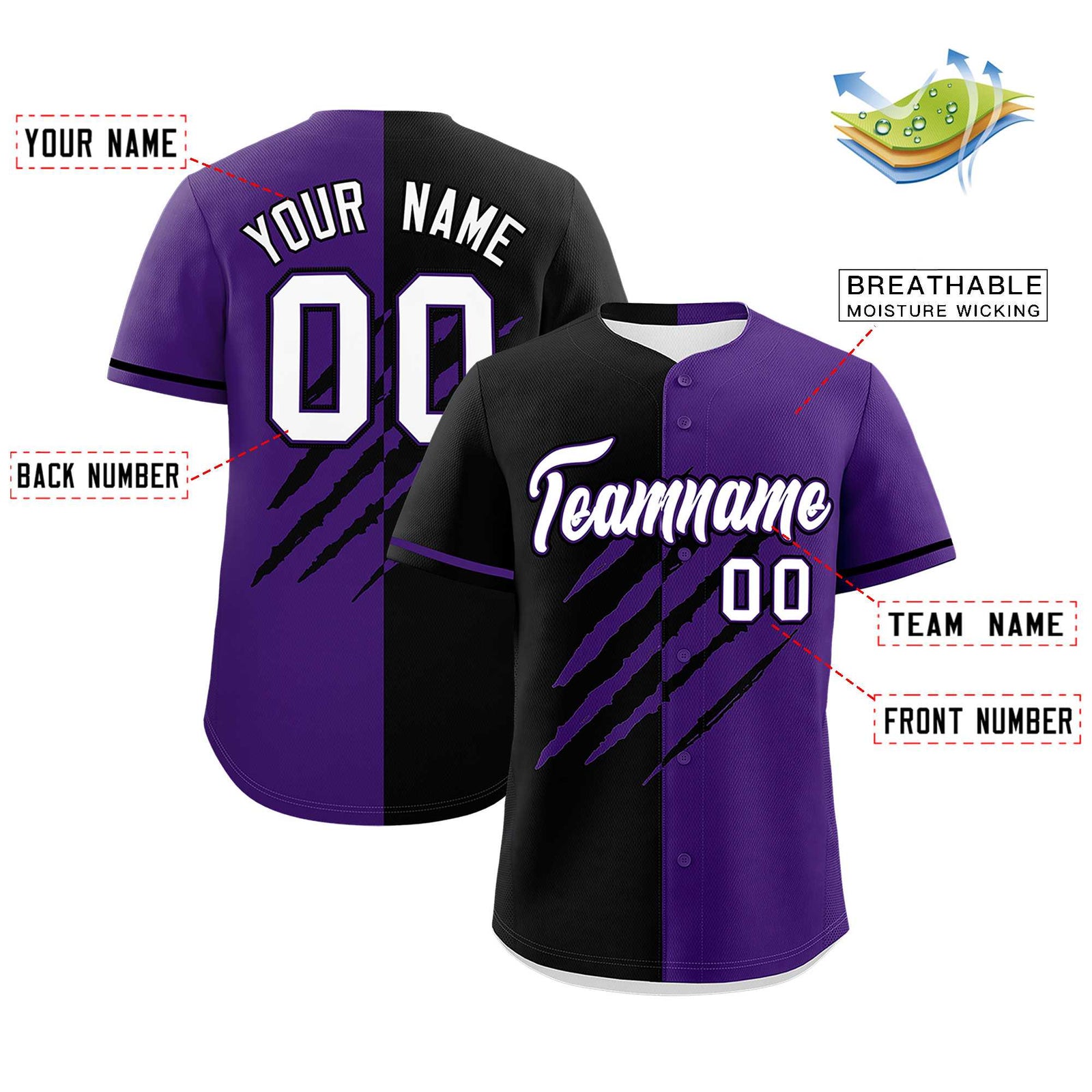 Custom Black Purple Split Tiger Claw Scratch Pattern Baseball Jersey