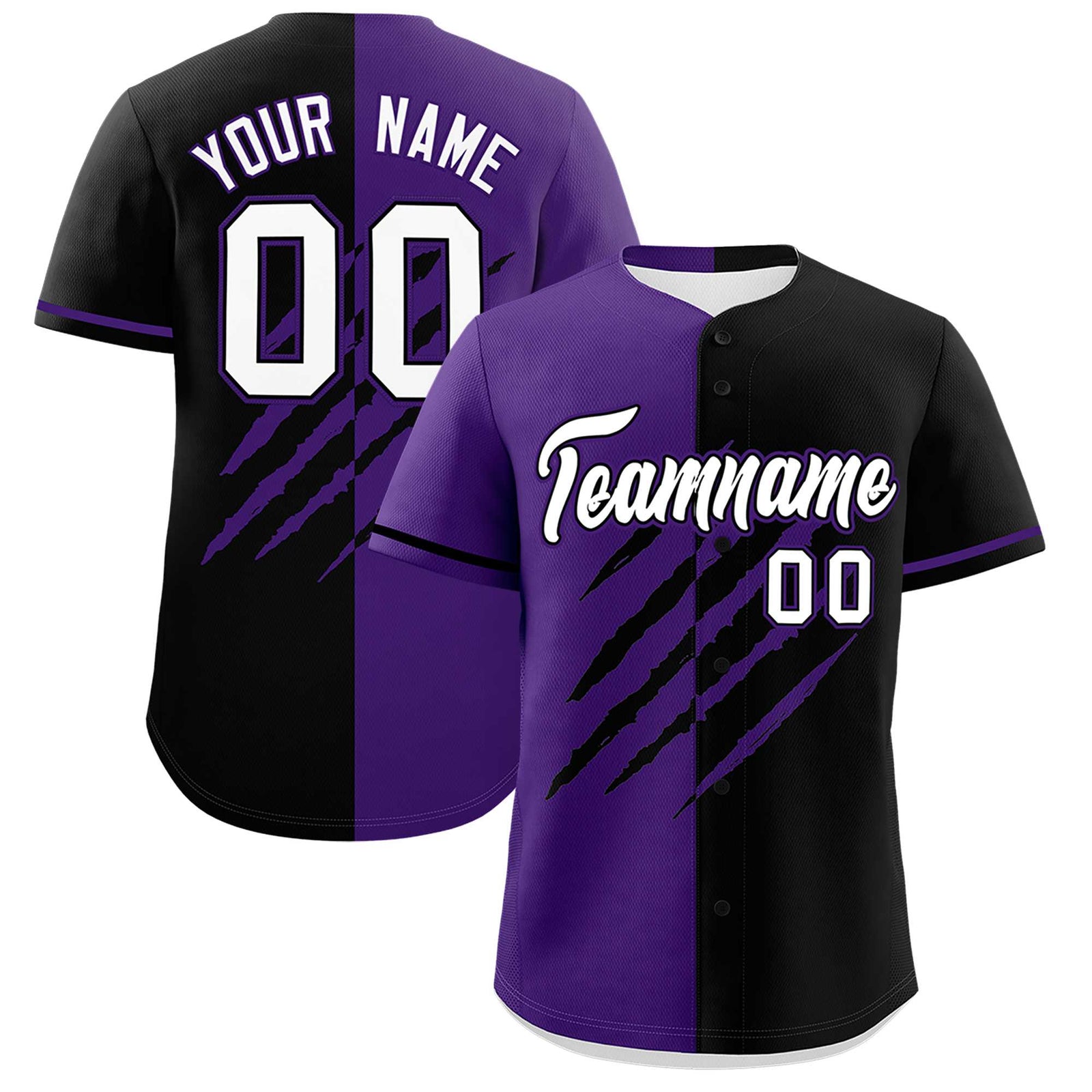 Custom Purple Black Split Tiger Claw Scratch Pattern Baseball Jersey