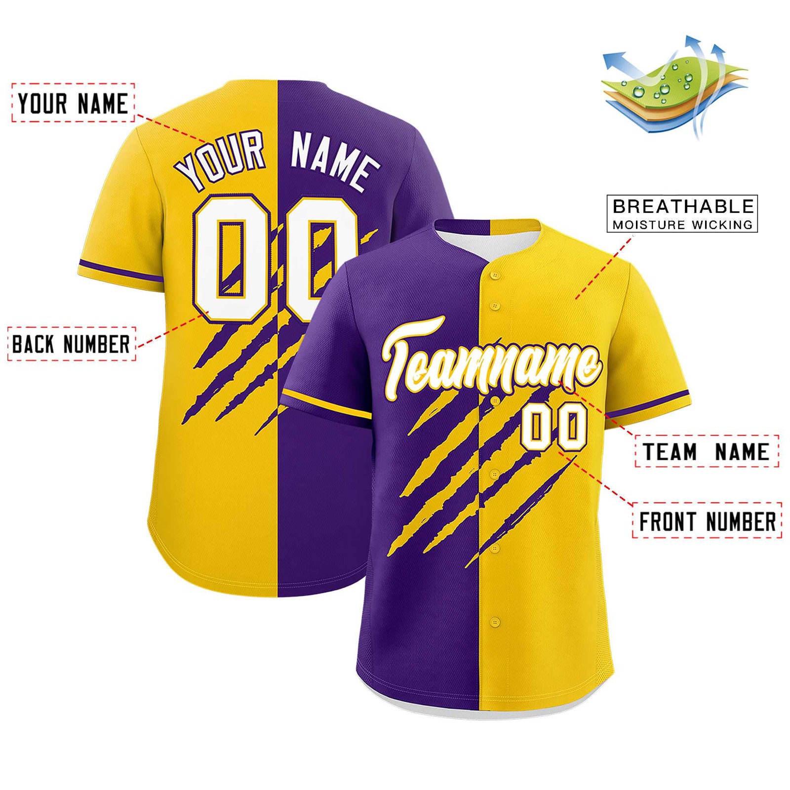 Custom Purple Gold Split Tiger Claw Scratch Pattern Baseball Jersey