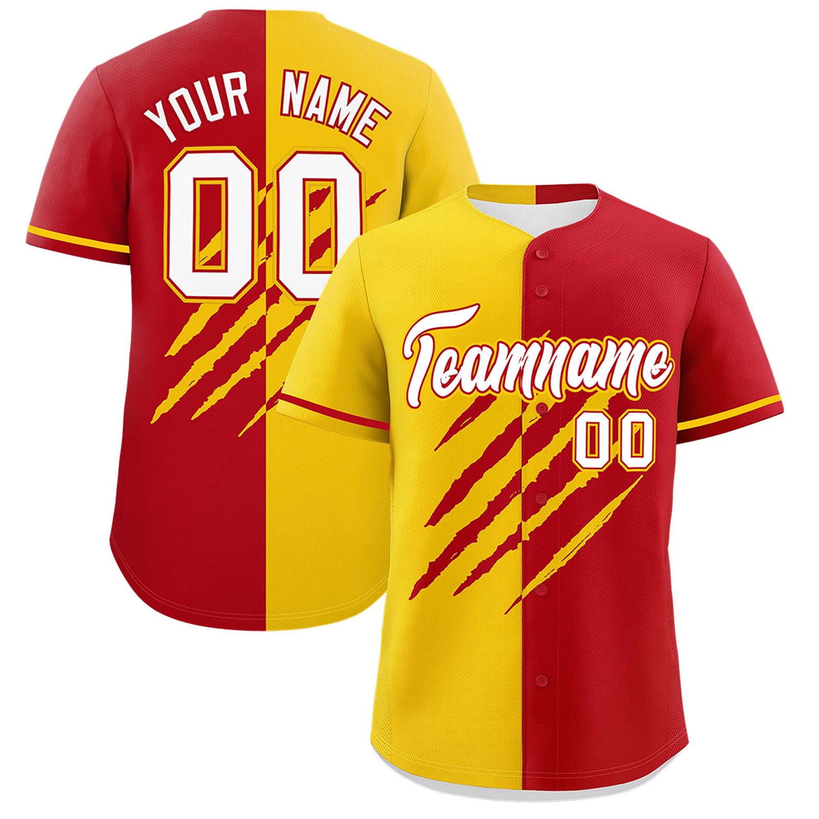 Custom Gold Red Split Tiger Claw Scratch Pattern Baseball Jersey