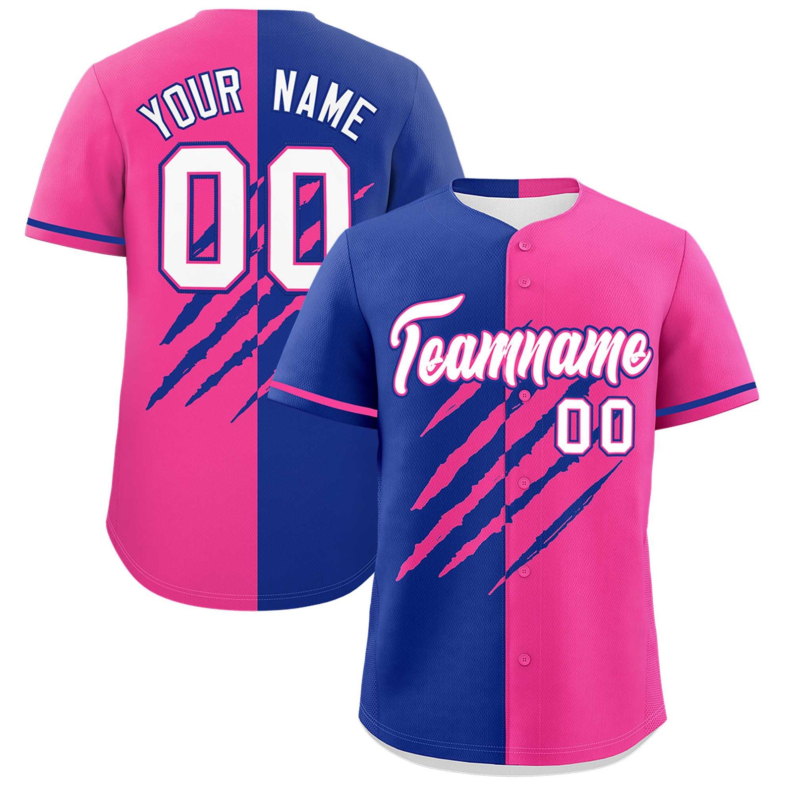 Custom Royal Blue Pink Split Tiger Claw Scratch Pattern Baseball Jersey