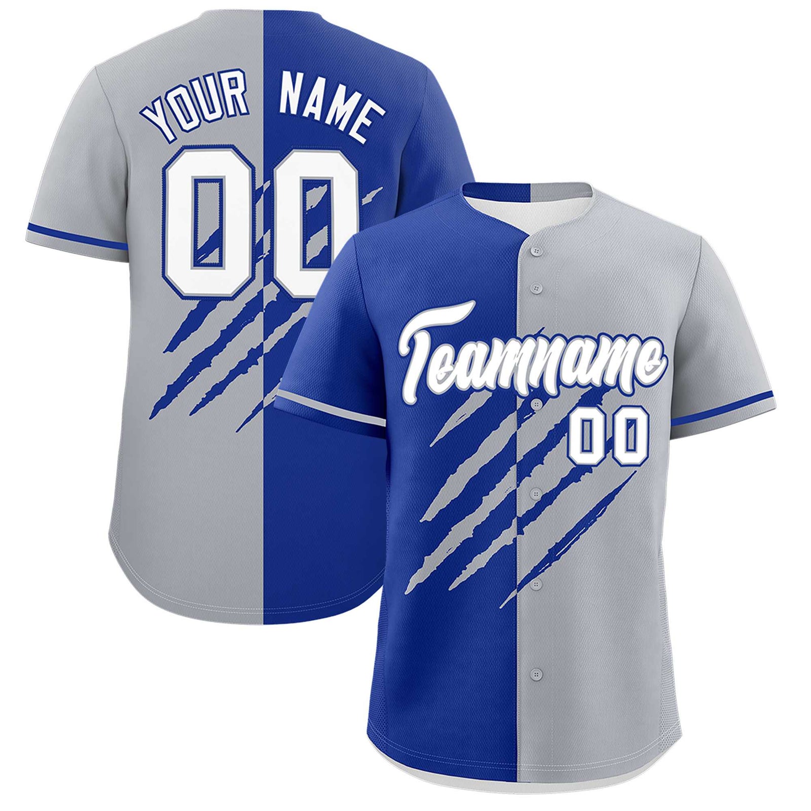 Custom Royal Blue Gray Split Tiger Claw Scratch Pattern Baseball Jersey