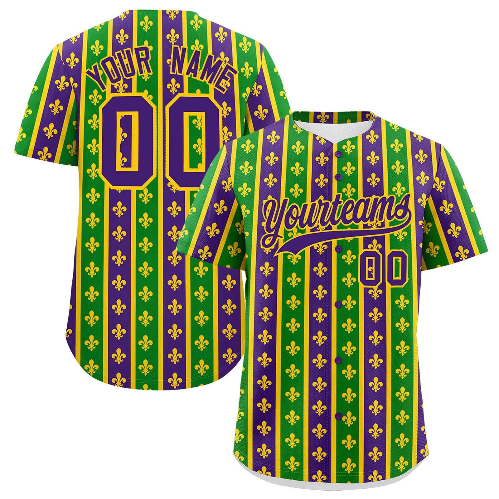 Custom Purple Kelly Green Gold Personalization Stripe Mardi Gras Authentic Baseball Jersey| KXKSHOP