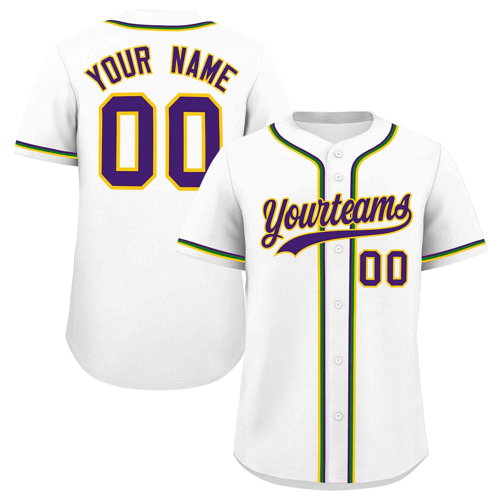 Custom White Purple Gold Kelly Green Personalization Mardi Gras Authentic Baseball Jersey| KXKSHOP
