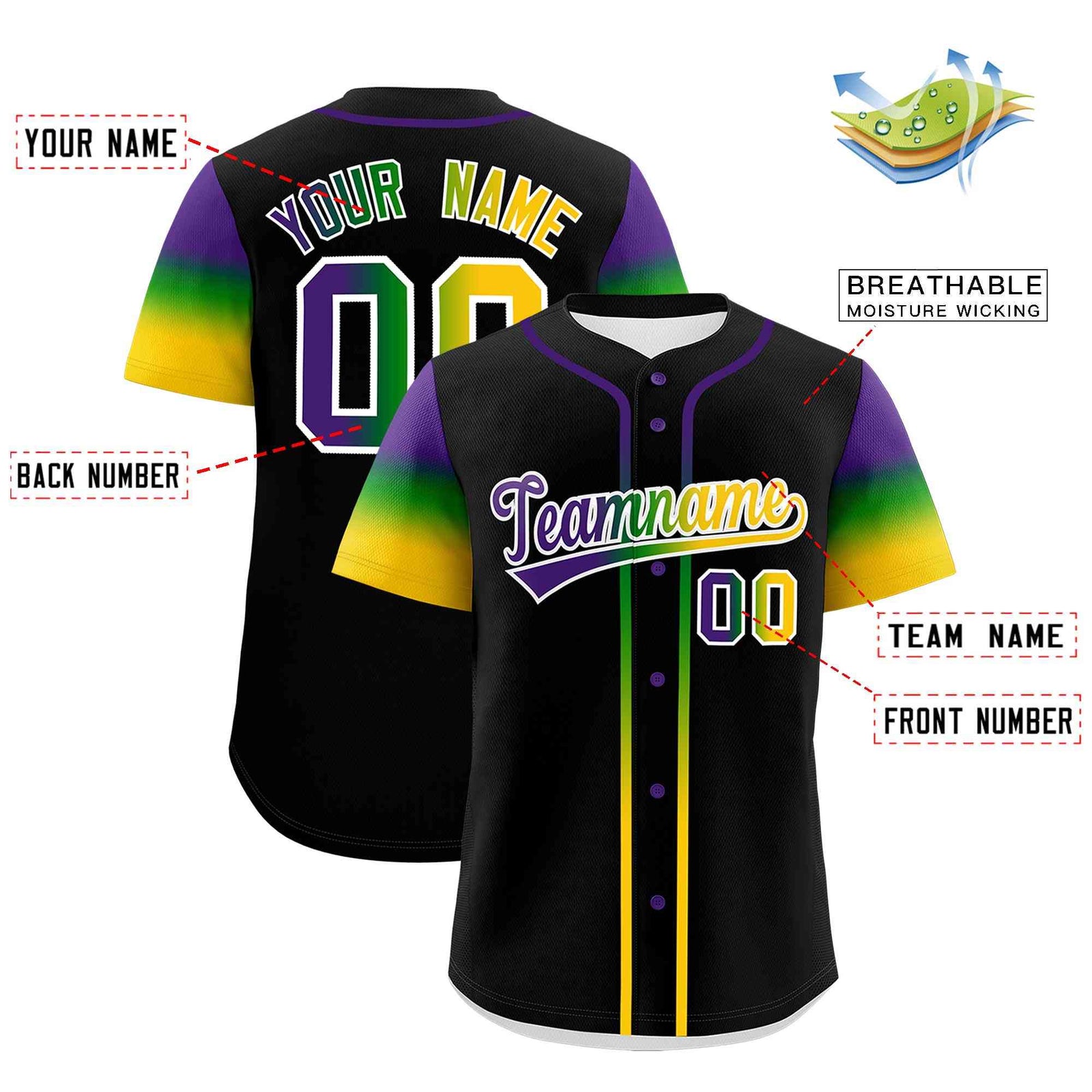 Custom Black Purple Kelly Green Gold Personalization Gradient Mardi Gras Authentic Baseball Jersey| KXKSHOP