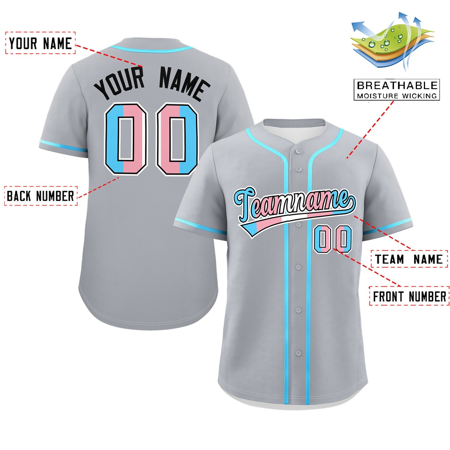 Custom Gray Powder Blue Transgender For Pride Month Classic Style Baseball Jersey| KXKSHOP