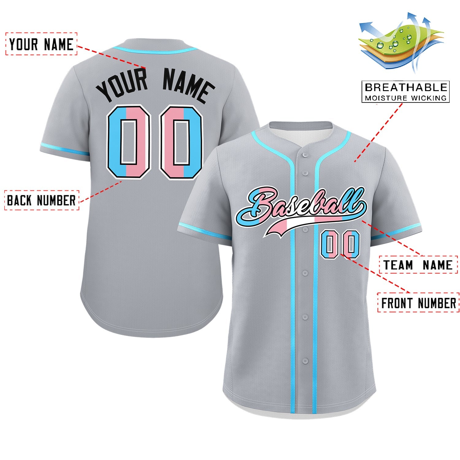 Custom Gray Powder Blue Transgender For Pride Month Classic Style Baseball Jersey| KXKSHOP