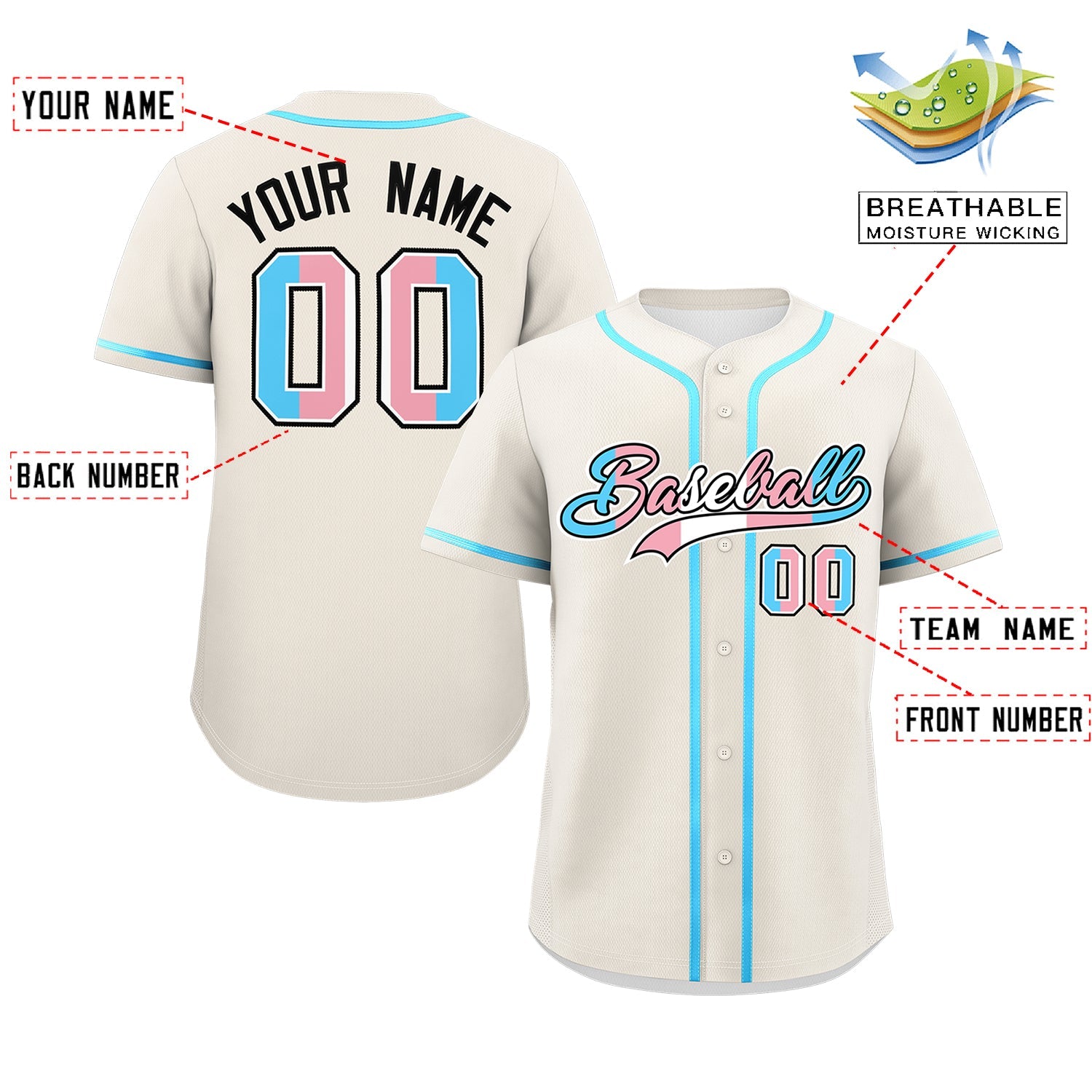 Custom Cream Powder Blue Transgender For Pride Month Classic Style Baseball Jersey| KXKSHOP