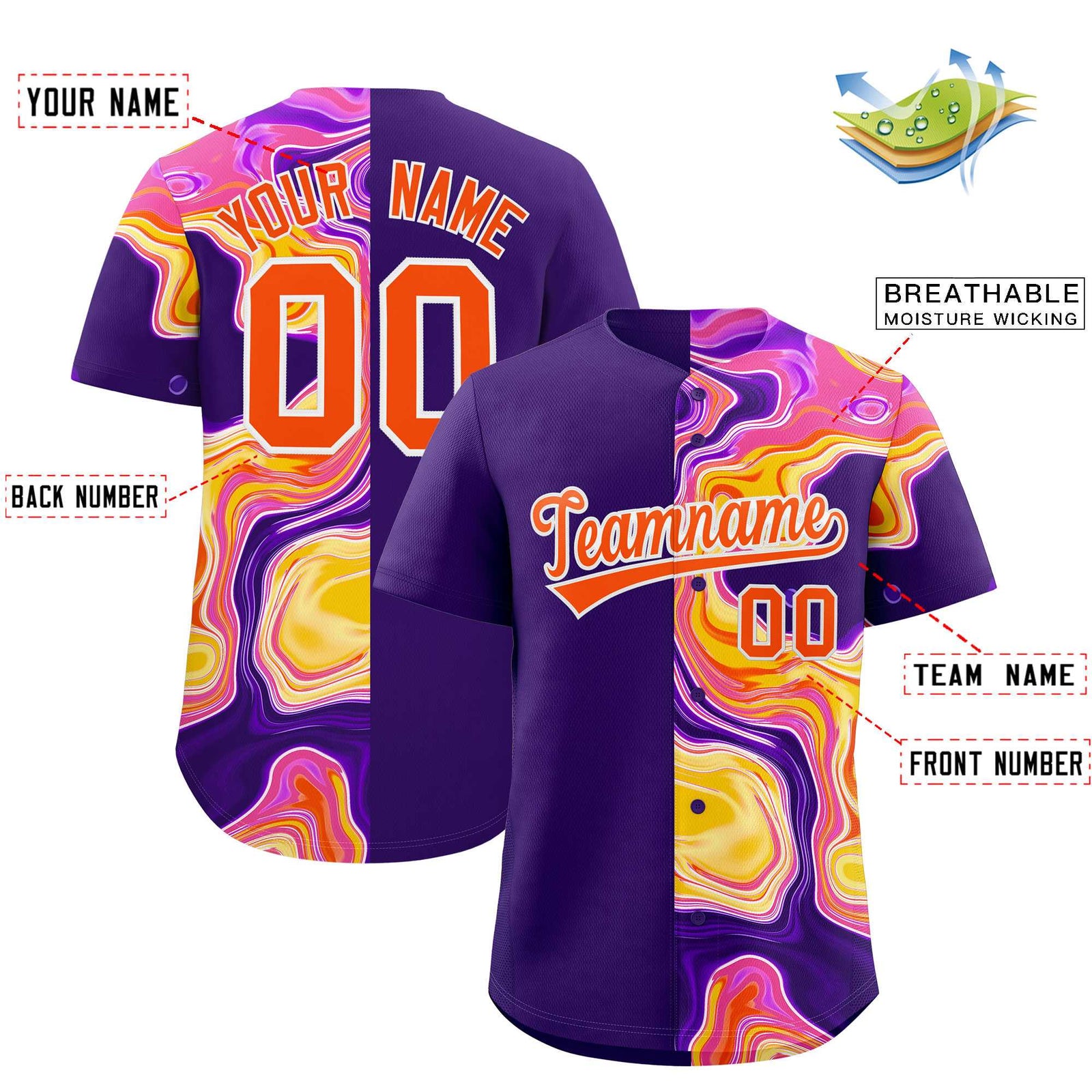 Custom Purple Split Fashion Fluid Pattern Authentic Baseball Jersey