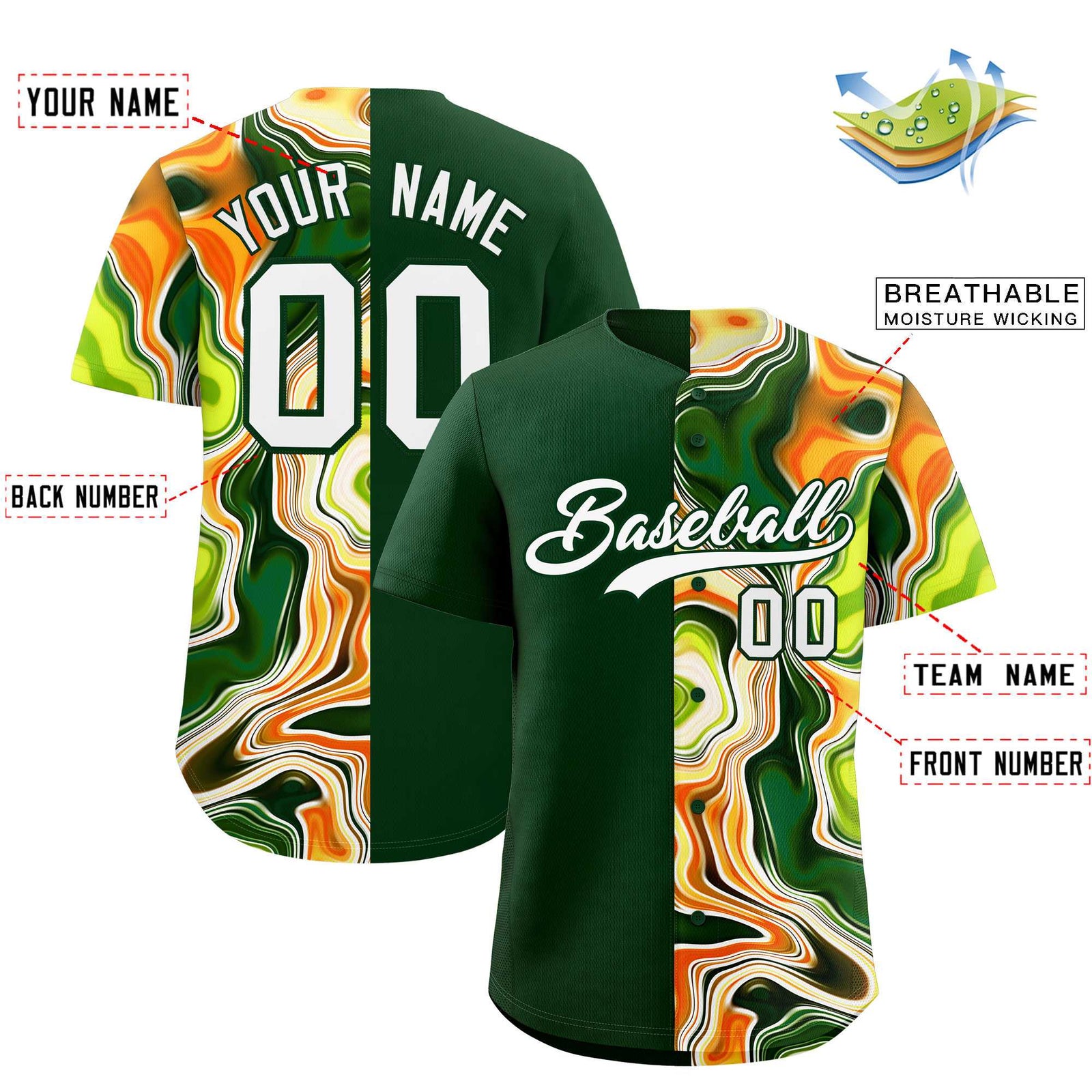 Custom Green Split Fashion Fluid Pattern Authentic Baseball Jersey