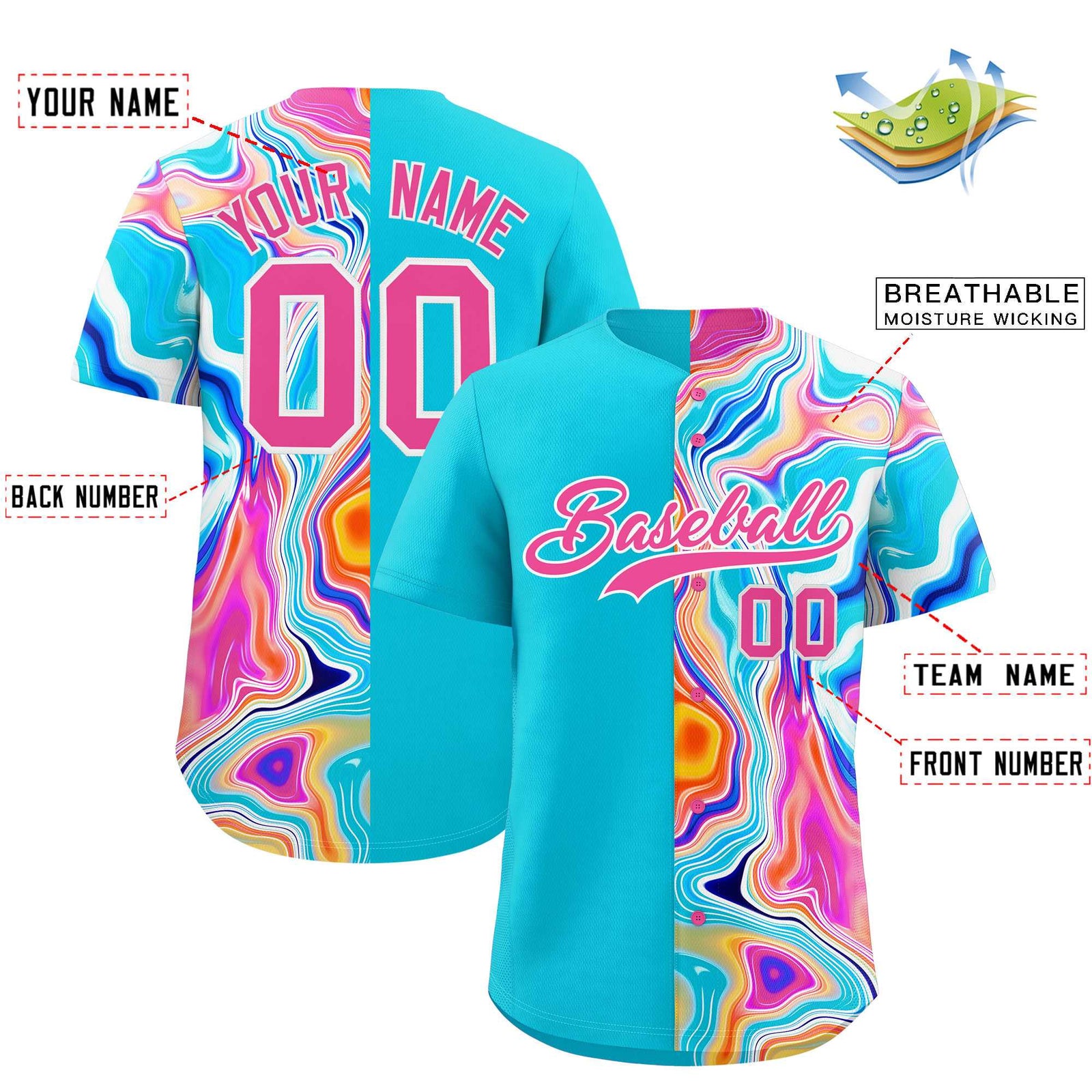 Custom Sky Blue Split Fashion Fluid Pattern Authentic Baseball Jersey