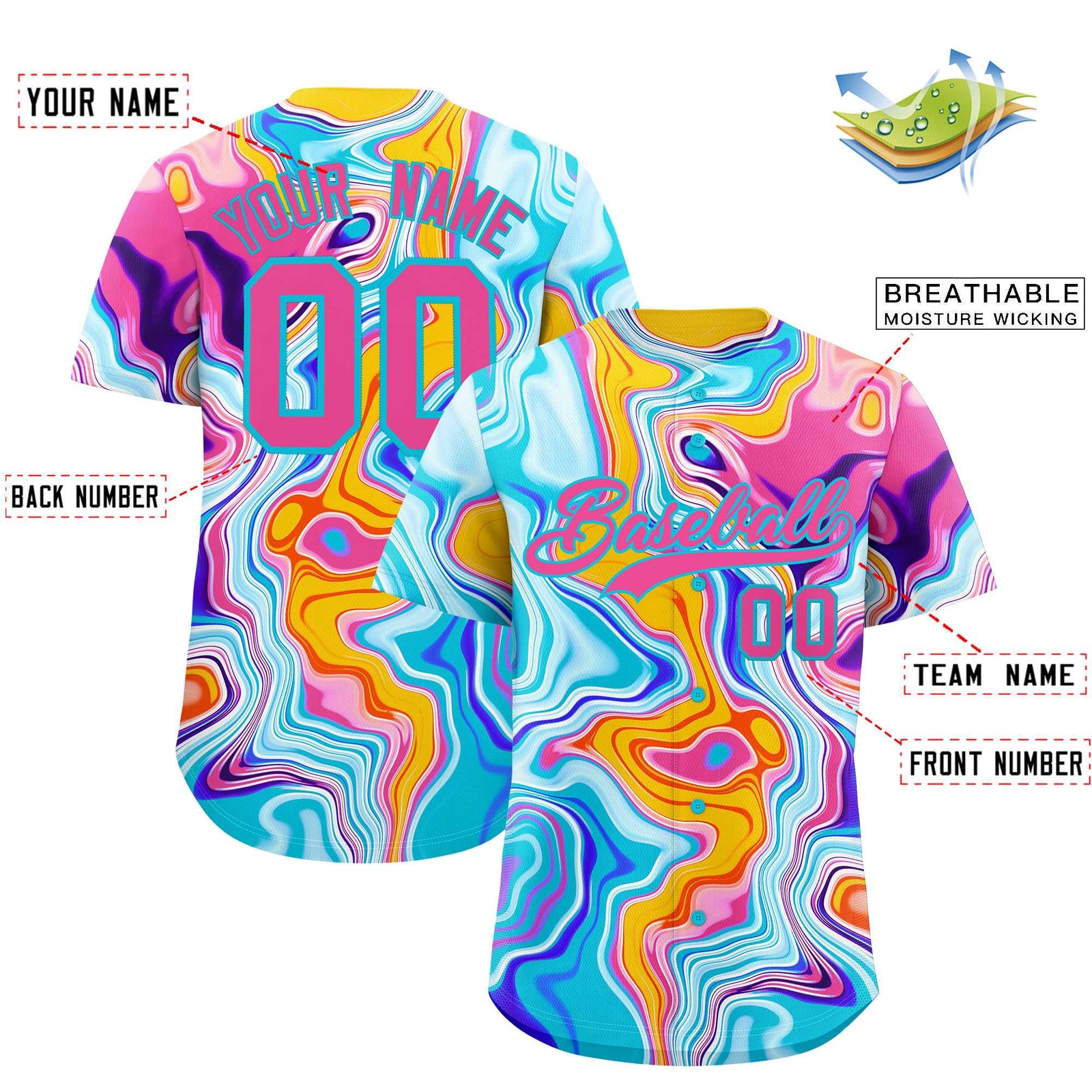Custom Multi Color Split Fashion Fluid Pattern Authentic Baseball Jersey