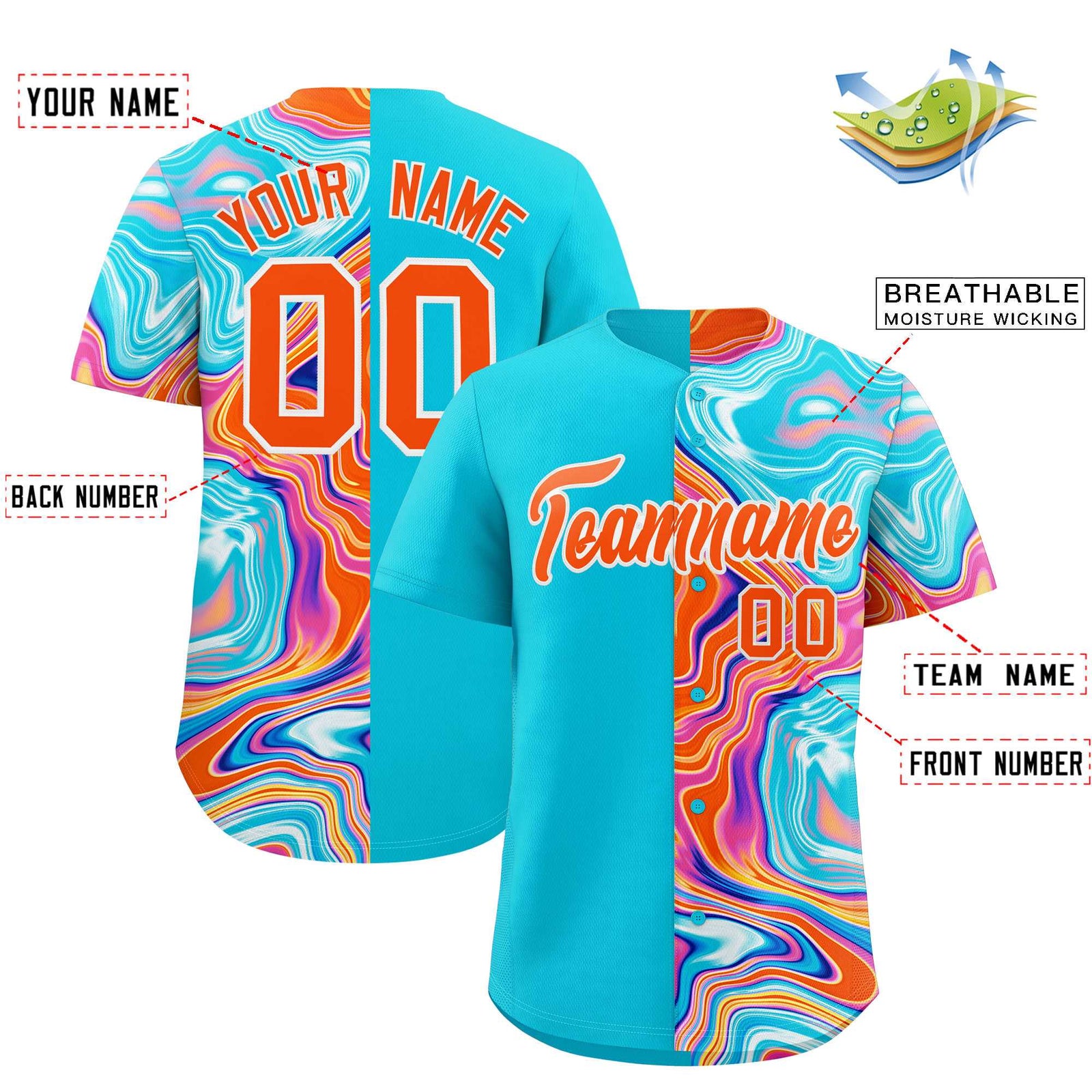 Custom Sky Blue Split Fashion Fluid Pattern Authentic Baseball Jersey
