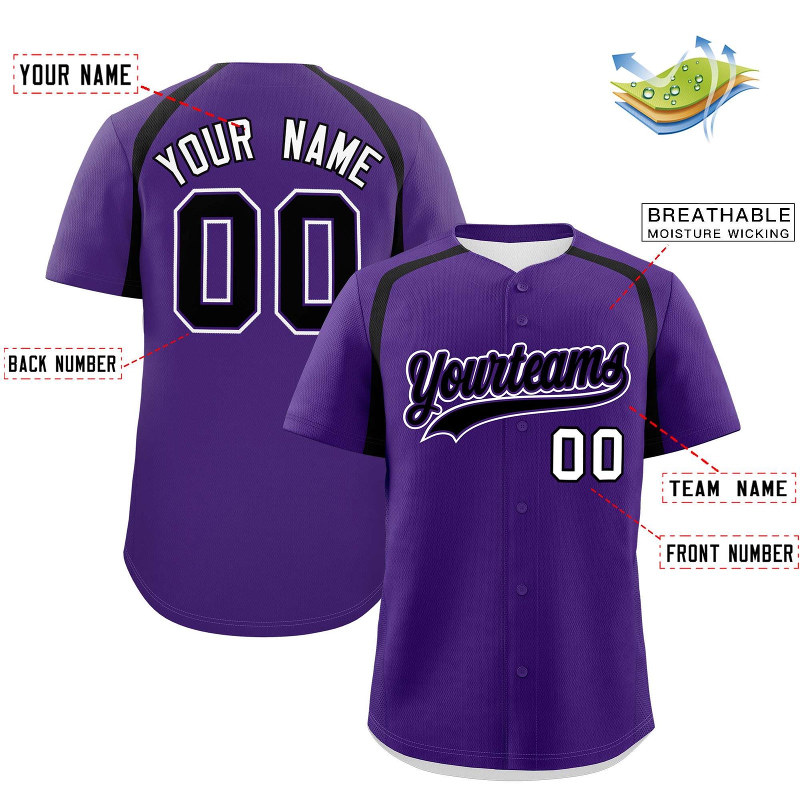 Custom Purple Black Personalized Color Block Authentic Baseball Jersey