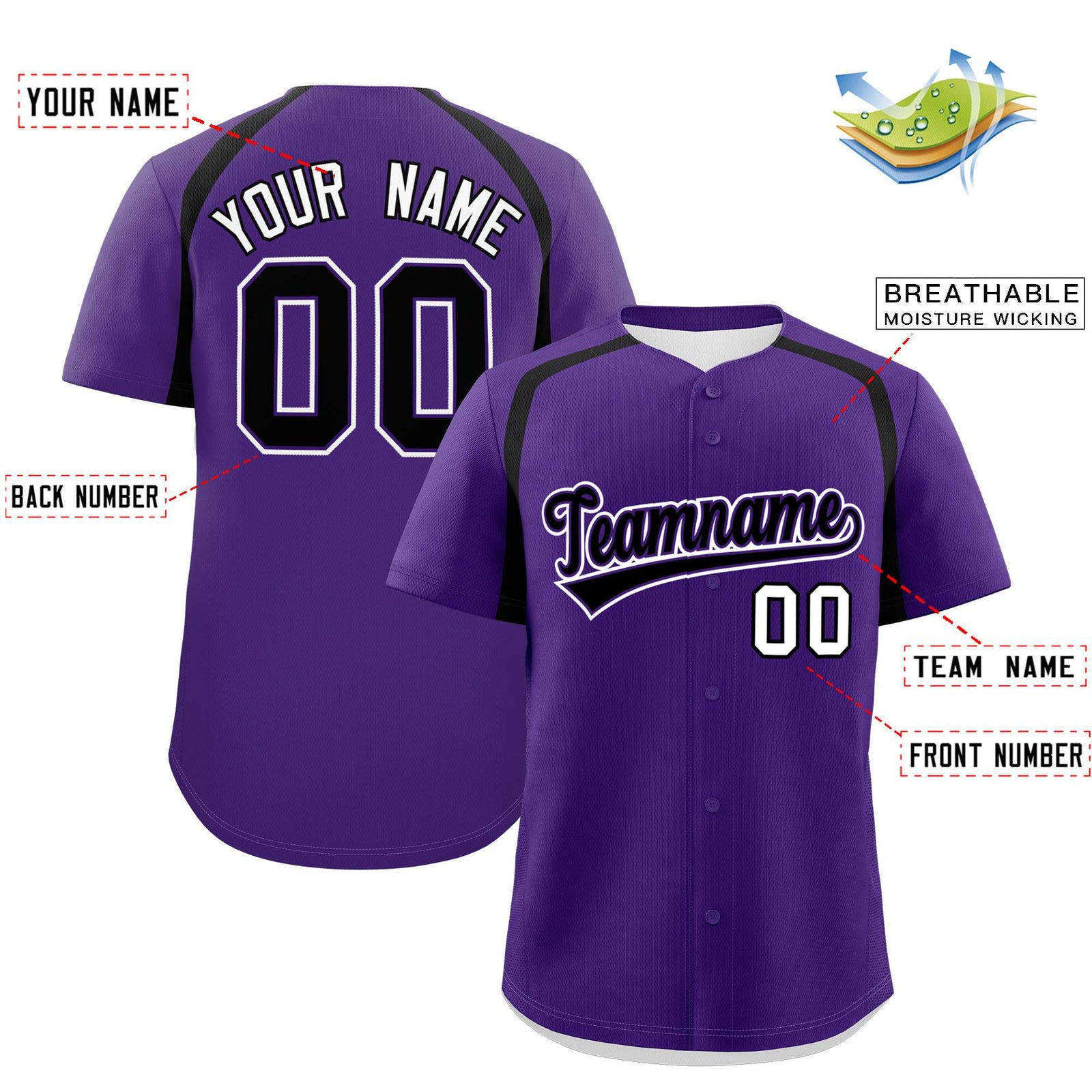 Custom Purple Black Personalized Color Block Authentic Baseball Jersey