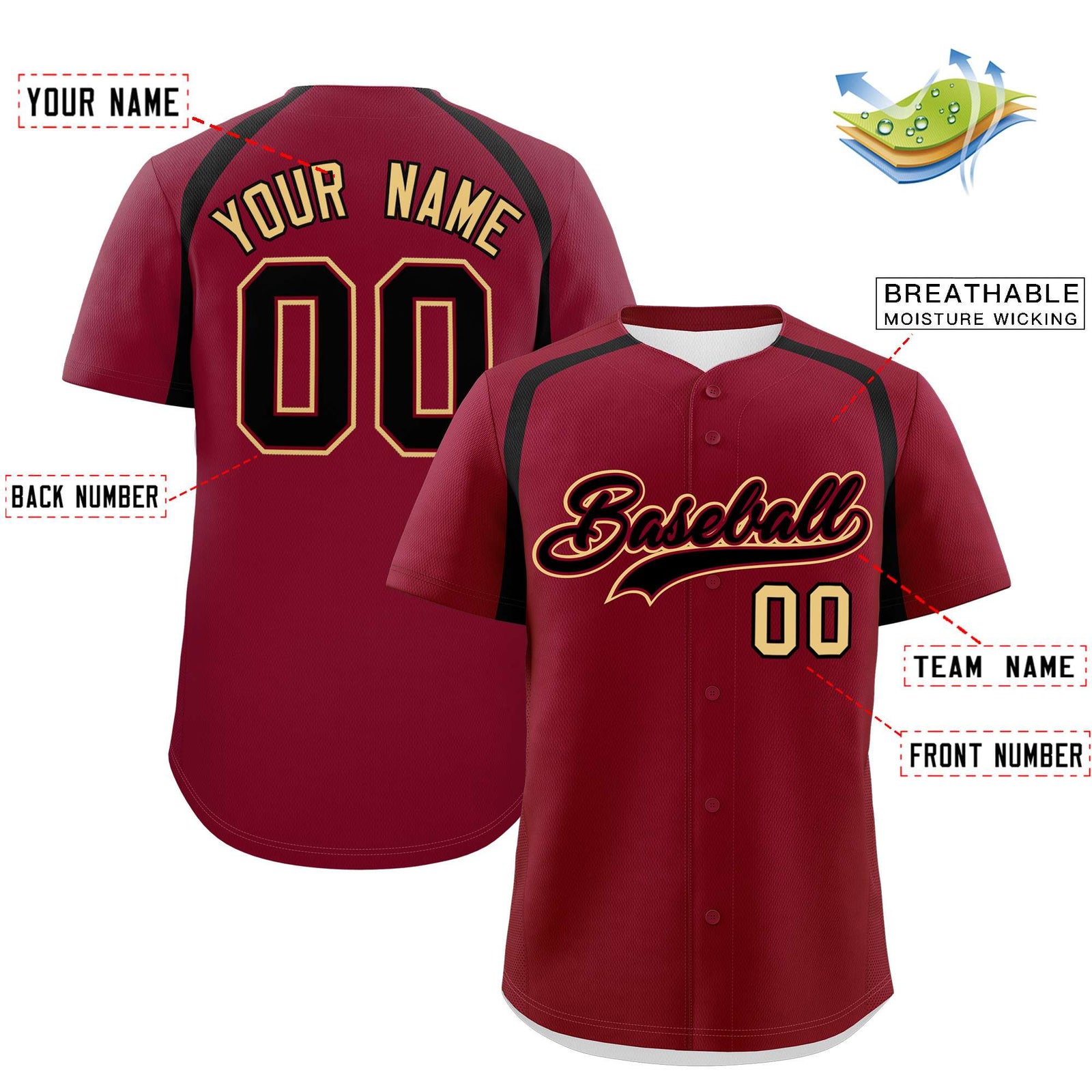 Custom Crimson Black Personalized Color Block Authentic Baseball Jersey