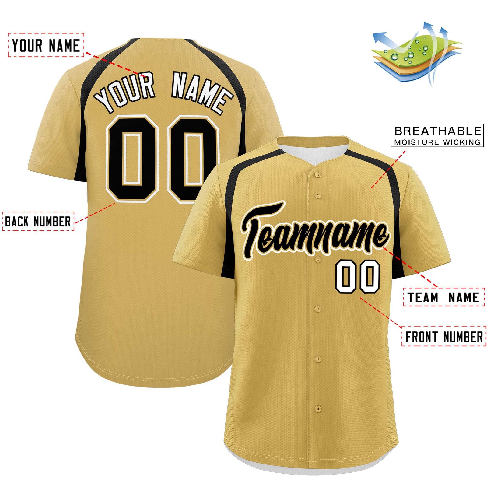 Custom Old Gold Black Personalized Color Block Authentic Baseball Jersey