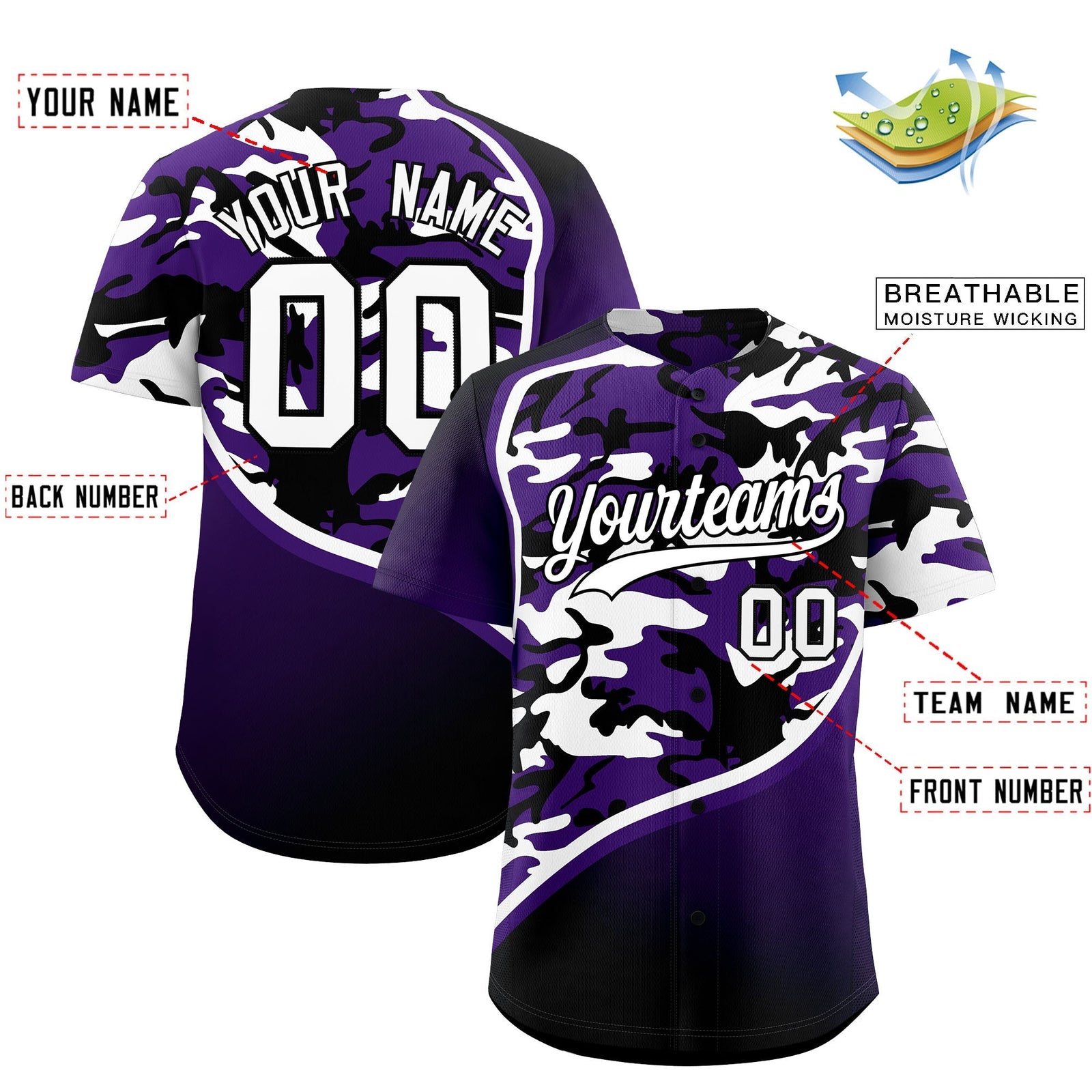 Custom Purple White Black Camo Gradient Fashion Baseball Jersey | Perfect for Training,Sublimation Printed & Stitched,Add Name and Numbern,Perfect for Teams | KXKSHOP