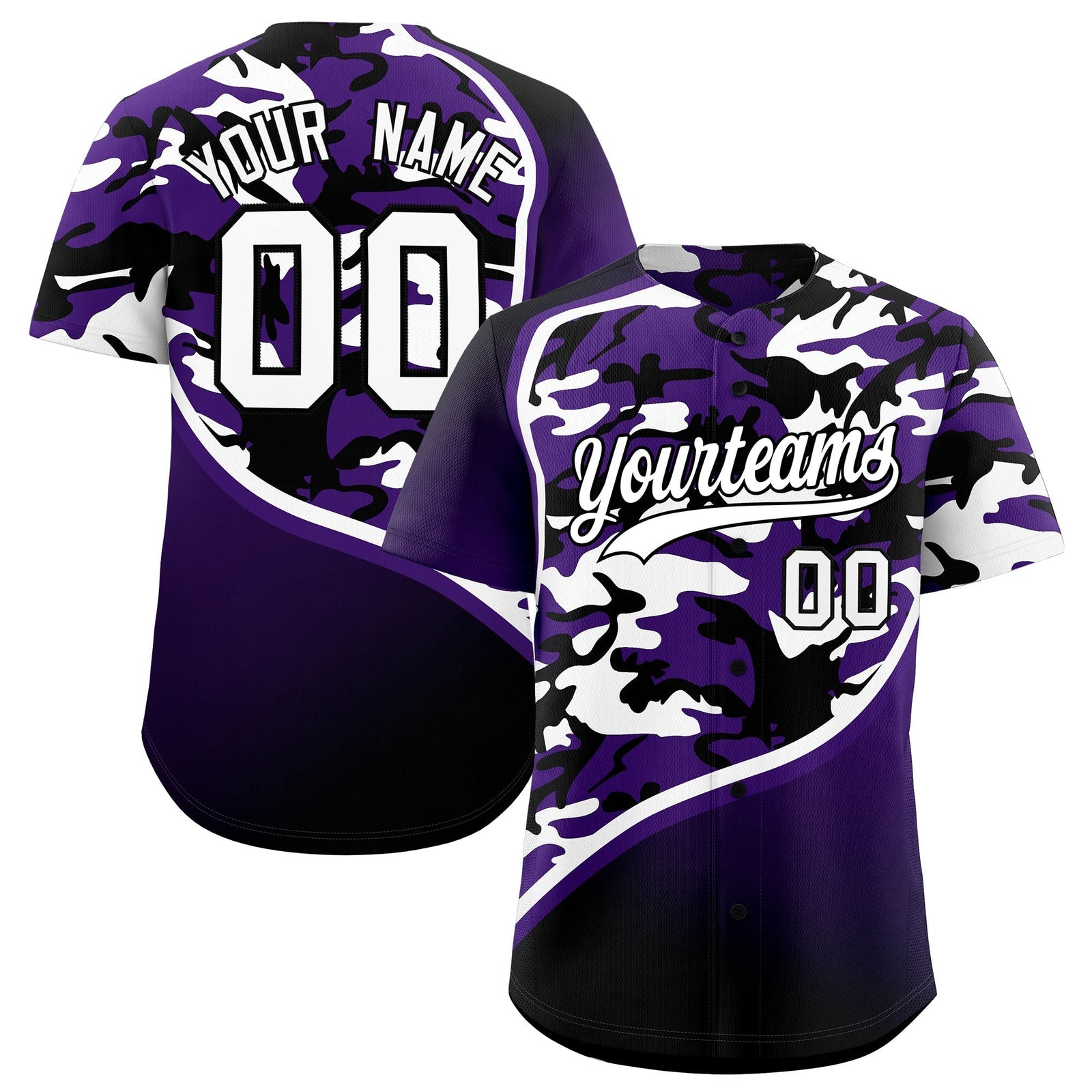 Custom Purple White Black Camo Gradient Fashion Baseball Jersey | Perfect for Training,Sublimation Printed & Stitched,Add Name and Numbern,Perfect for Teams | KXKSHOP