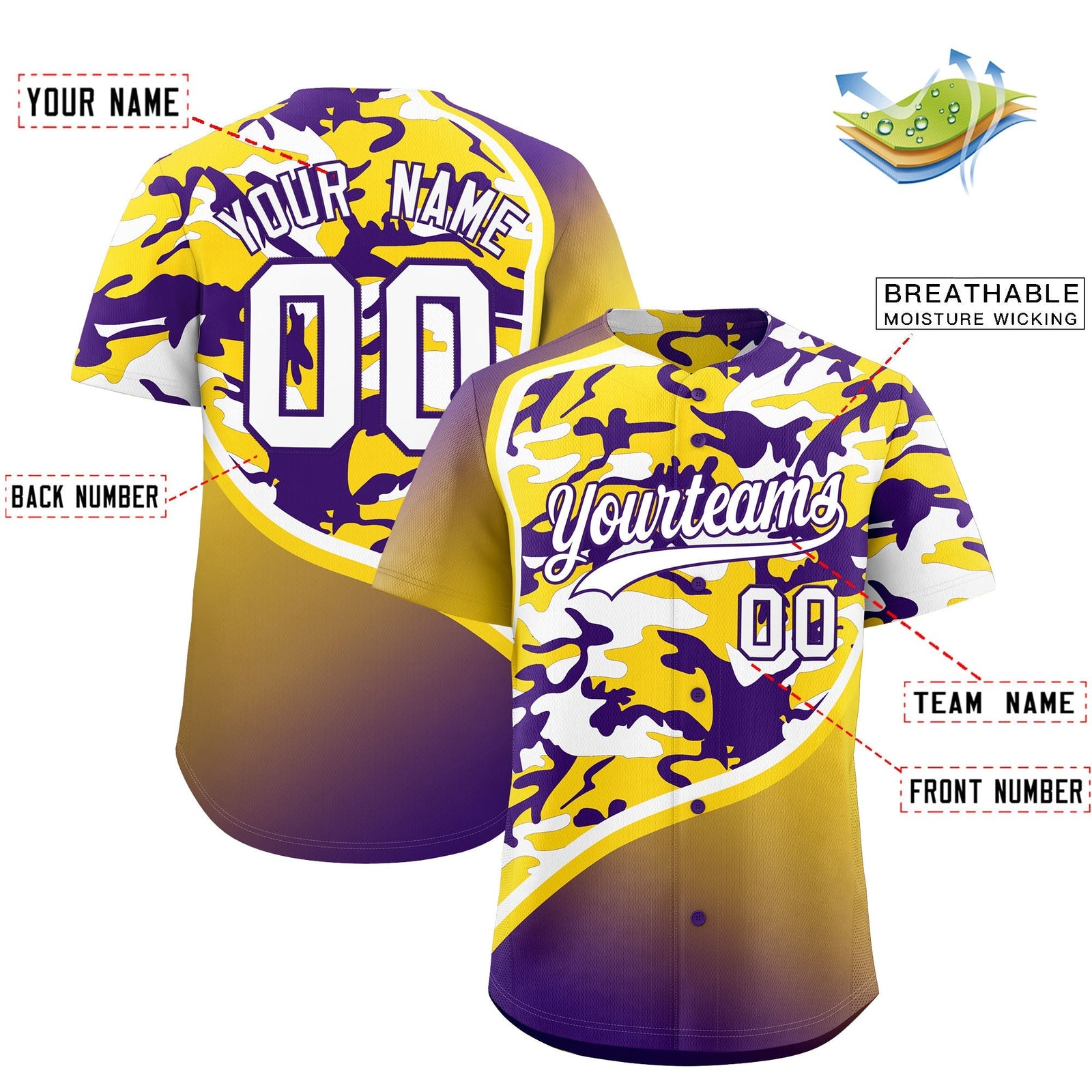 Custom Gold Purple White Camo Gradient Fashion Baseball Jersey | Perfect for Training,Sublimation Printed & Stitched,Add Name and Numbern,Perfect for Teams | KXKSHOP