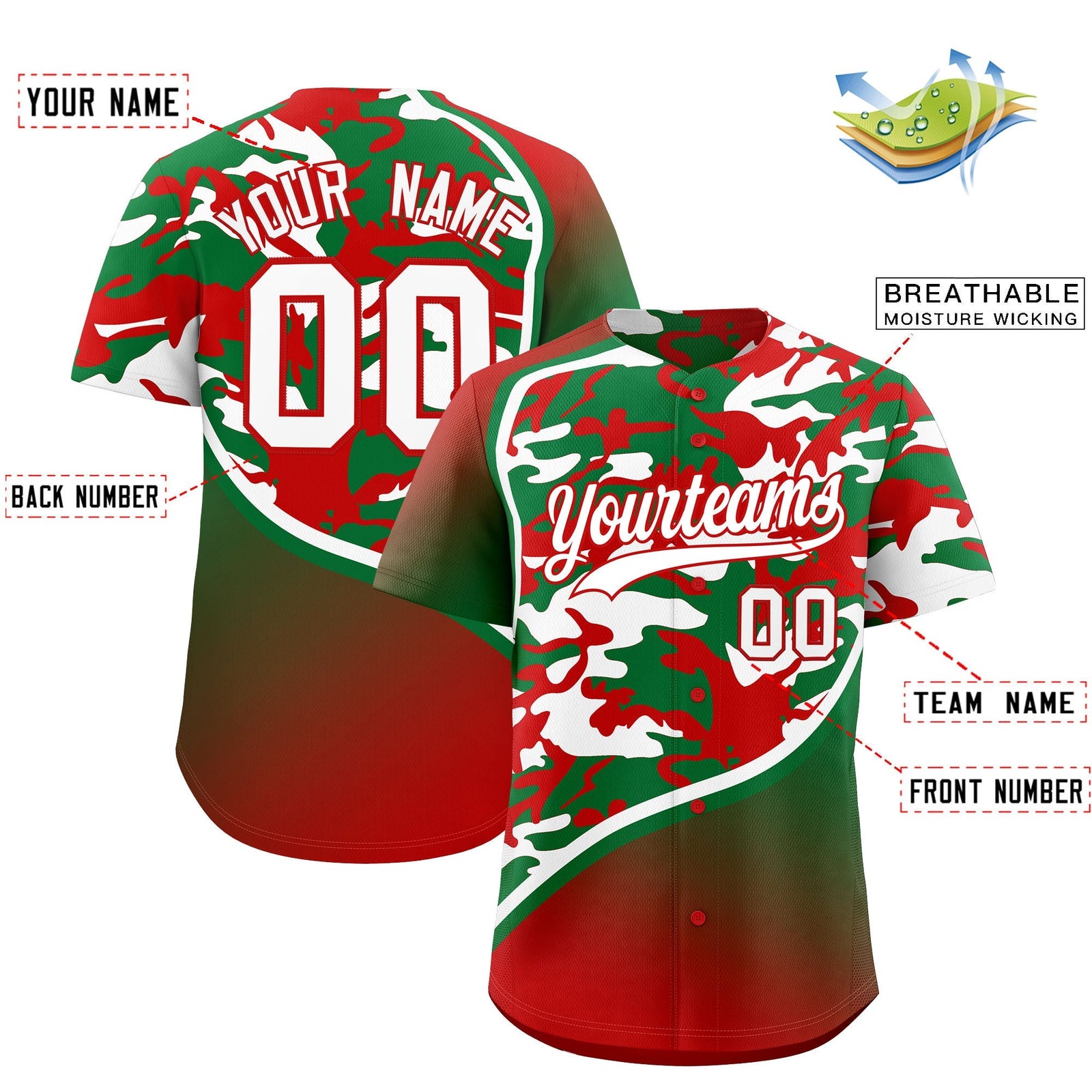 Custom Kelly Green Red White Camo Gradient Fashion Baseball Jersey | Perfect for Training,Sublimation Printed & Stitched,Add Name and Numbern,Perfect for Teams | KXKSHOP