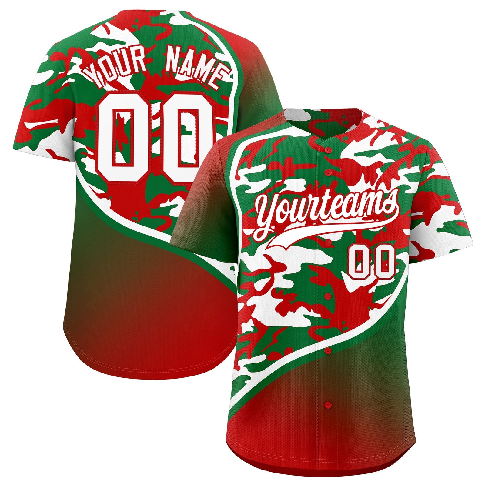 Custom Kelly Green Red White Camo Gradient Fashion Baseball Jersey | Perfect for Training,Sublimation Printed & Stitched,Add Name and Numbern,Perfect for Teams | KXKSHOP