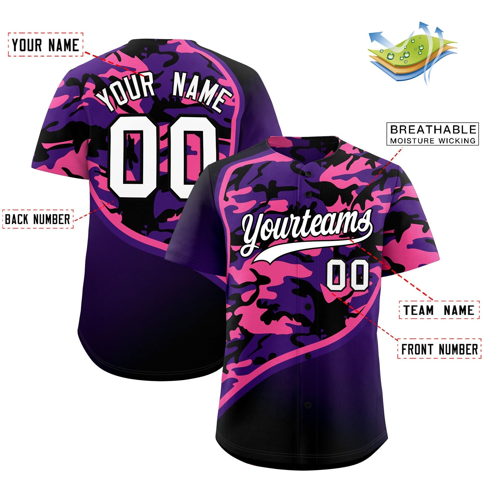 Custom Purple Pink Black Camo Gradient Fashion Baseball Jersey | Perfect for Training,Sublimation Printed & Stitched,Add Name and Numbern,Perfect for Teams | KXKSHOP
