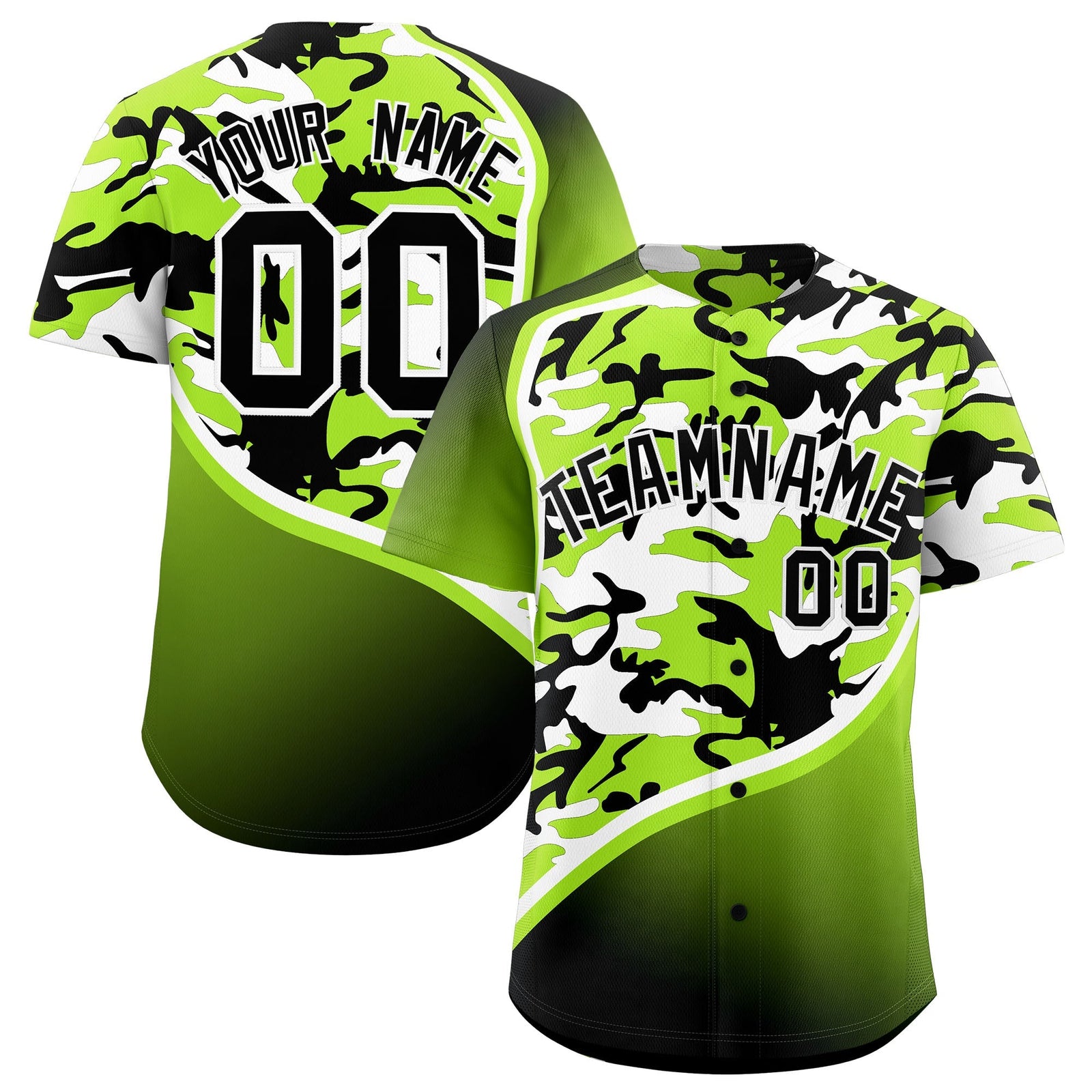 Custom Neon Green Black White Camo Gradient Fashion Baseball Jersey | Perfect for Training,Sublimation Printed & Stitched,Add Name and Numbern,Perfect for Teams | KXKSHOP