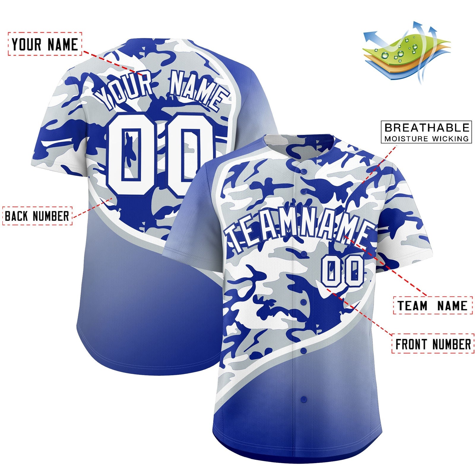 Custom Silver Royal Blue White Camo Gradient Fashion Baseball Jersey | Perfect for Training,Sublimation Printed & Stitched,Add Name and Numbern,Perfect for Teams | KXKSHOP