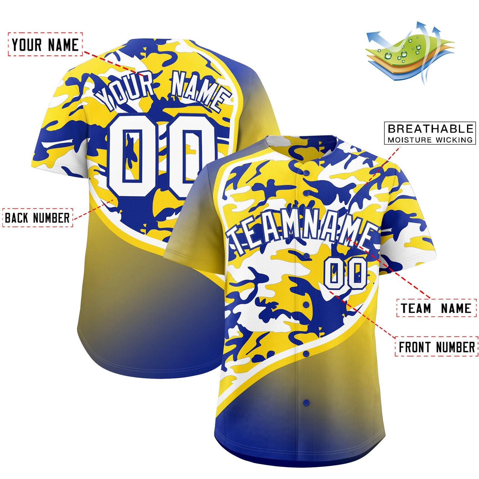 Custom Gold Royal Blue White Camo Gradient Fashion Baseball Jersey | Perfect for Training,Sublimation Printed & Stitched,Add Name and Numbern,Perfect for Teams | KXKSHOP