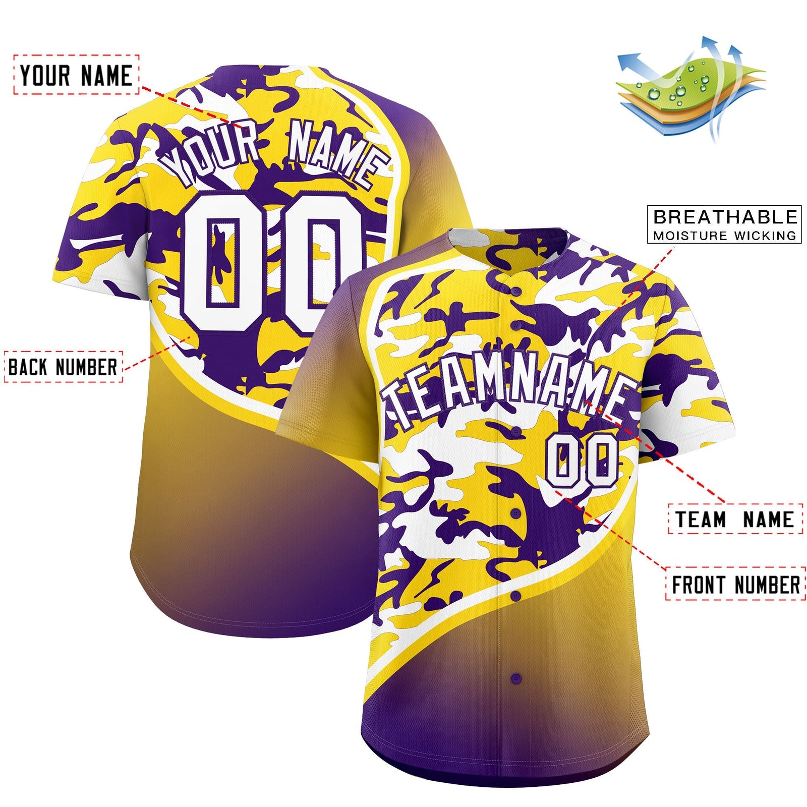 Custom Gold Purple White Camo Gradient Fashion Baseball Jersey | Perfect for Training,Sublimation Printed & Stitched,Add Name and Numbern,Perfect for Teams | KXKSHOP
