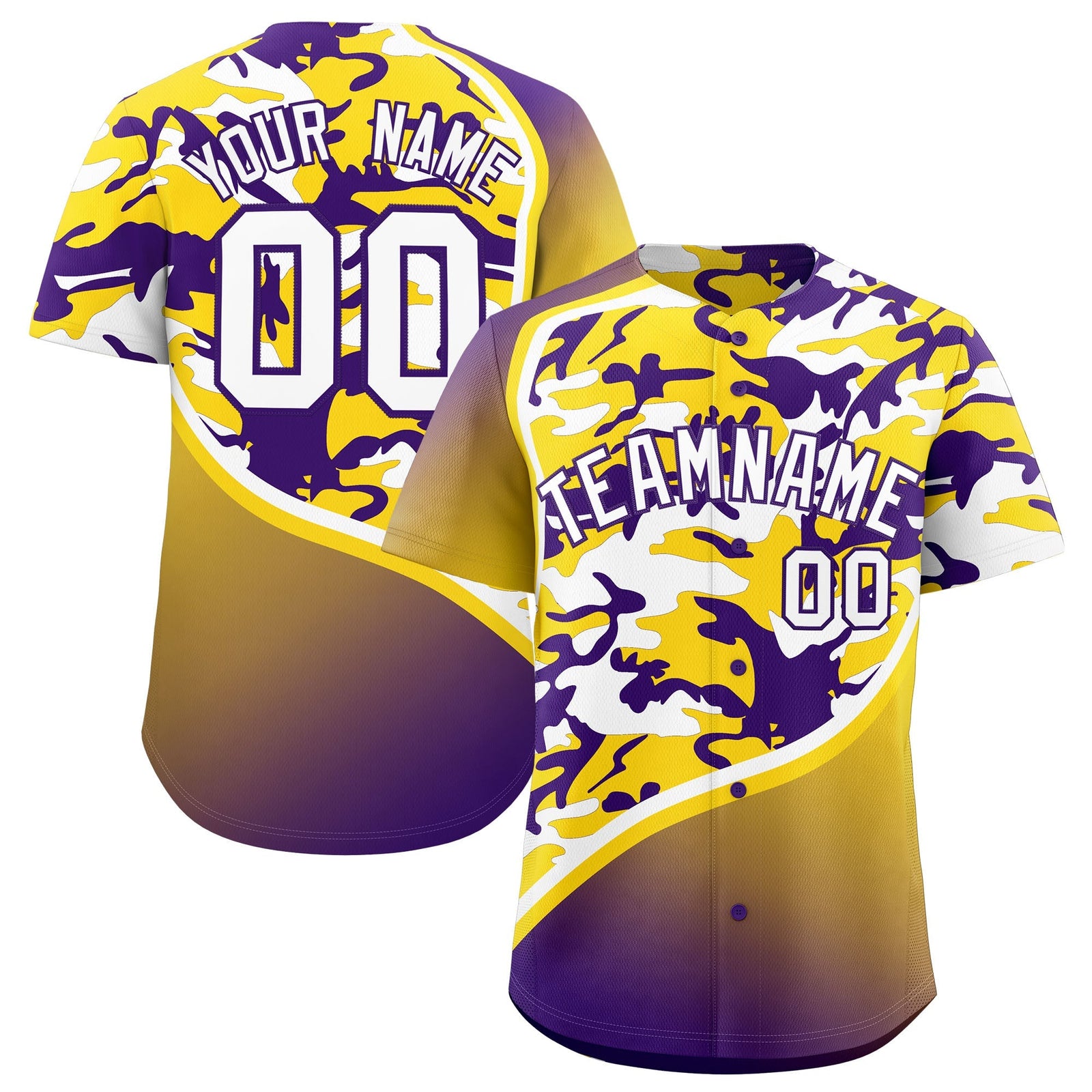 Custom Gold Purple White Camo Gradient Fashion Baseball Jersey | Perfect for Training,Sublimation Printed & Stitched,Add Name and Numbern,Perfect for Teams | KXKSHOP