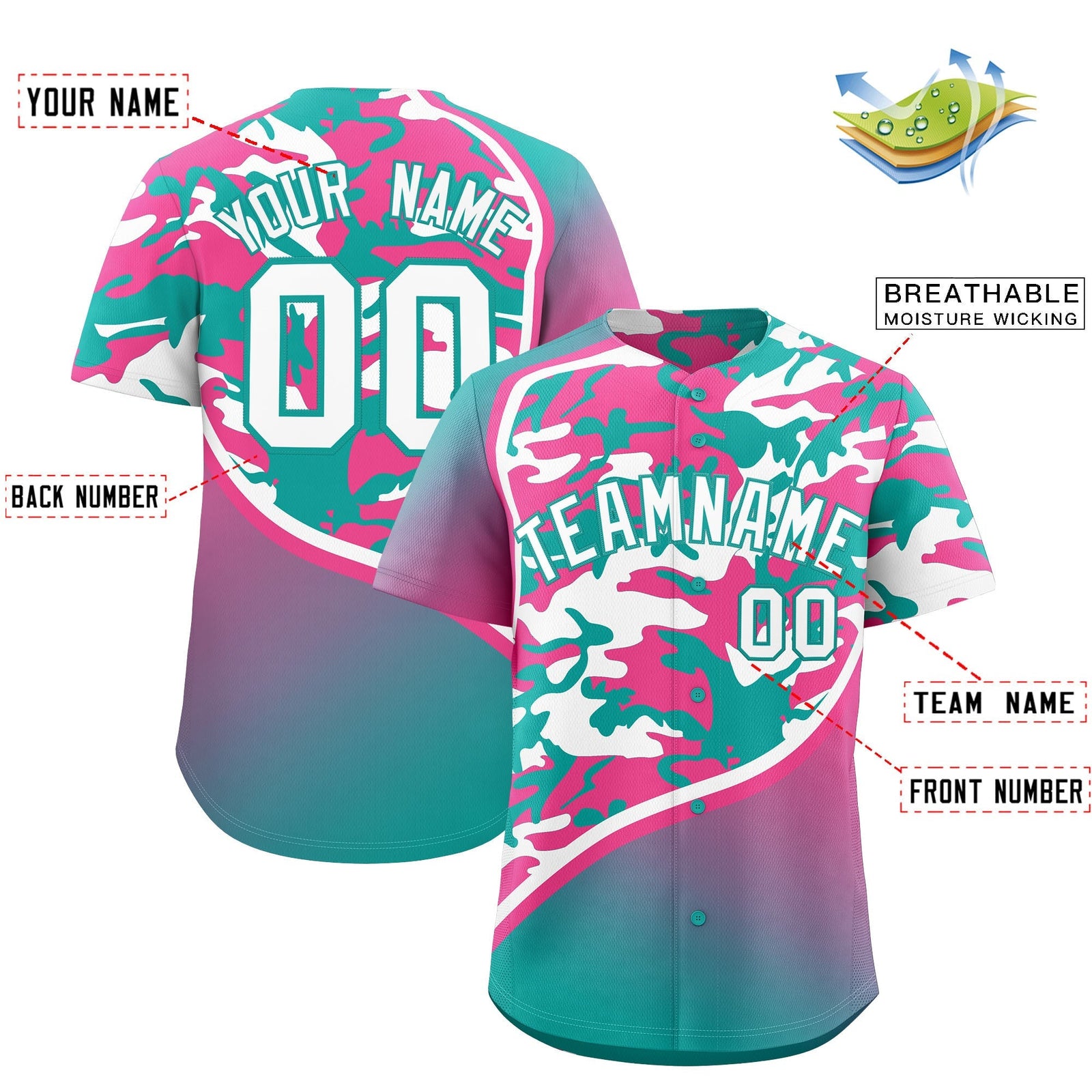 Custom Aqua Pink White Camo Gradient Fashion Baseball Jersey | Perfect for Training,Sublimation Printed & Stitched,Add Name and Numbern,Perfect for Teams | KXKSHOP