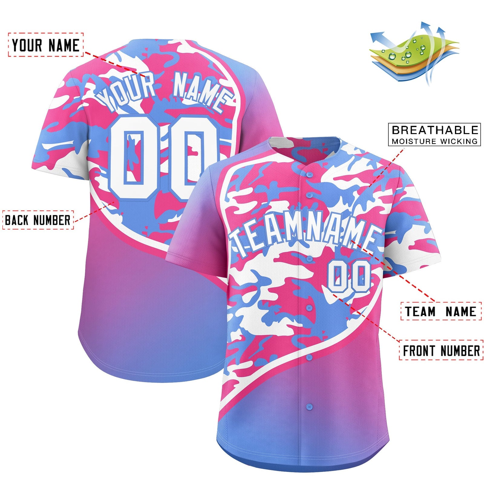 Custom Pink Light Blue White Camo Gradient Fashion Baseball Jersey | Perfect for Training,Sublimation Printed & Stitched,Add Name and Numbern,Perfect for Teams | KXKSHOP