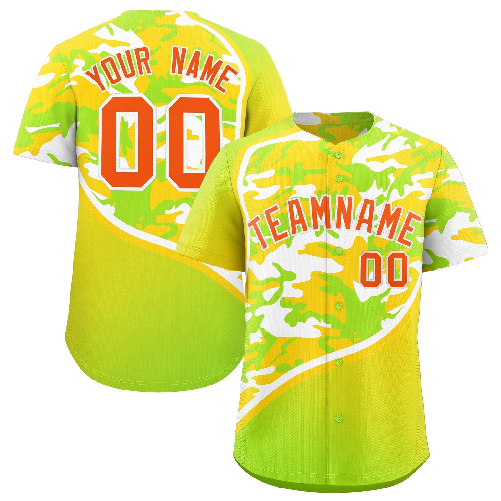 Custom Neon Green Gold White Camo Gradient Fashion Baseball Jersey | Perfect for Training,Sublimation Printed & Stitched,Add Name and Numbern,Perfect for Teams | KXKSHOP