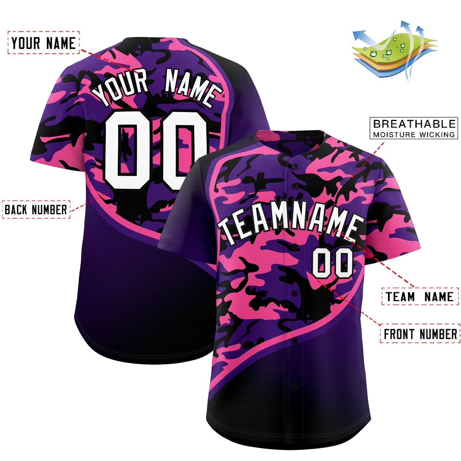 Custom Purple Pink Black Camo Gradient Fashion Baseball Jersey | Perfect for Training,Sublimation Printed & Stitched,Add Name and Numbern,Perfect for Teams | KXKSHOP