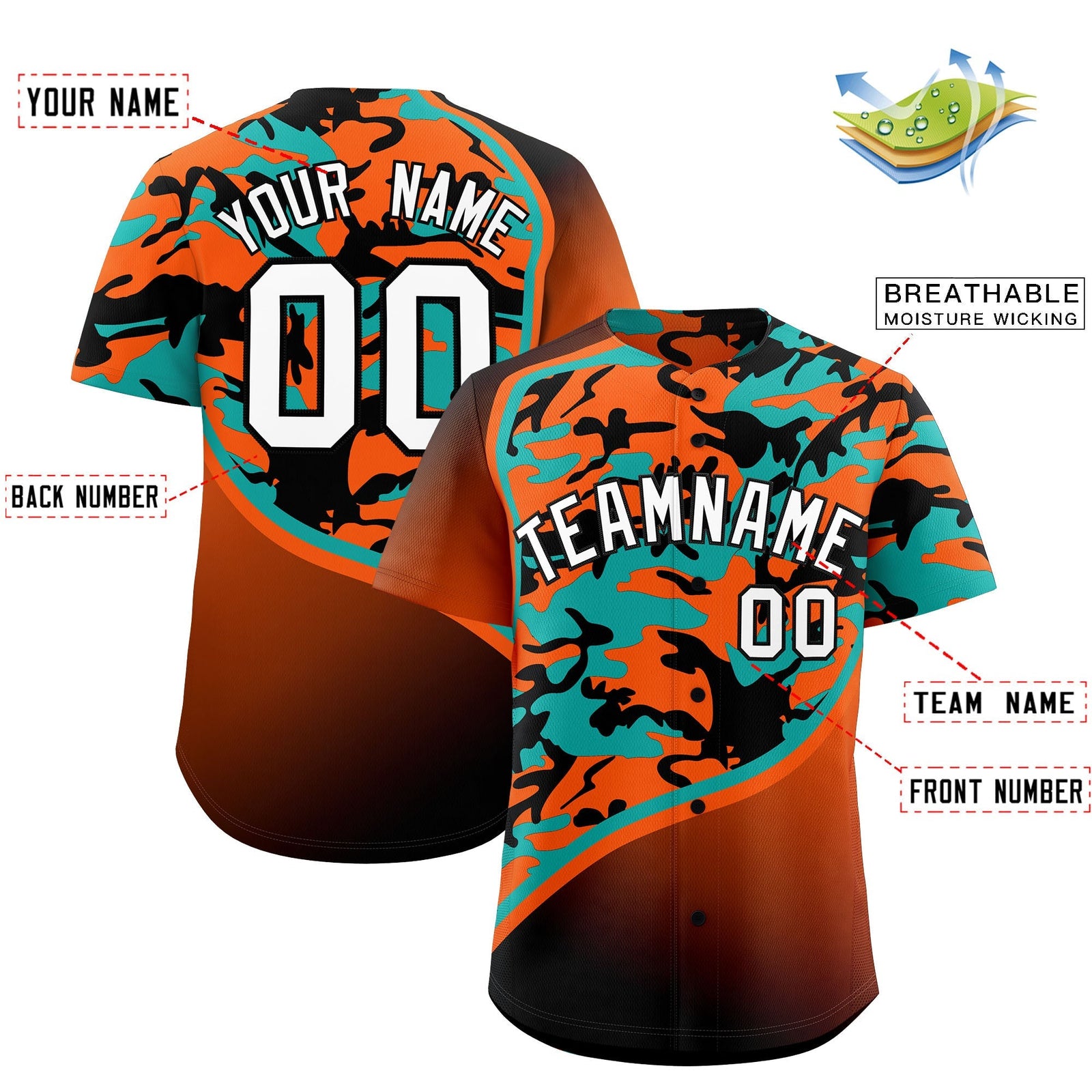 Custom Orange Aqua Black Camo Gradient Fashion Baseball Jersey | Perfect for Training,Sublimation Printed & Stitched,Add Name and Numbern,Perfect for Teams | KXKSHOP