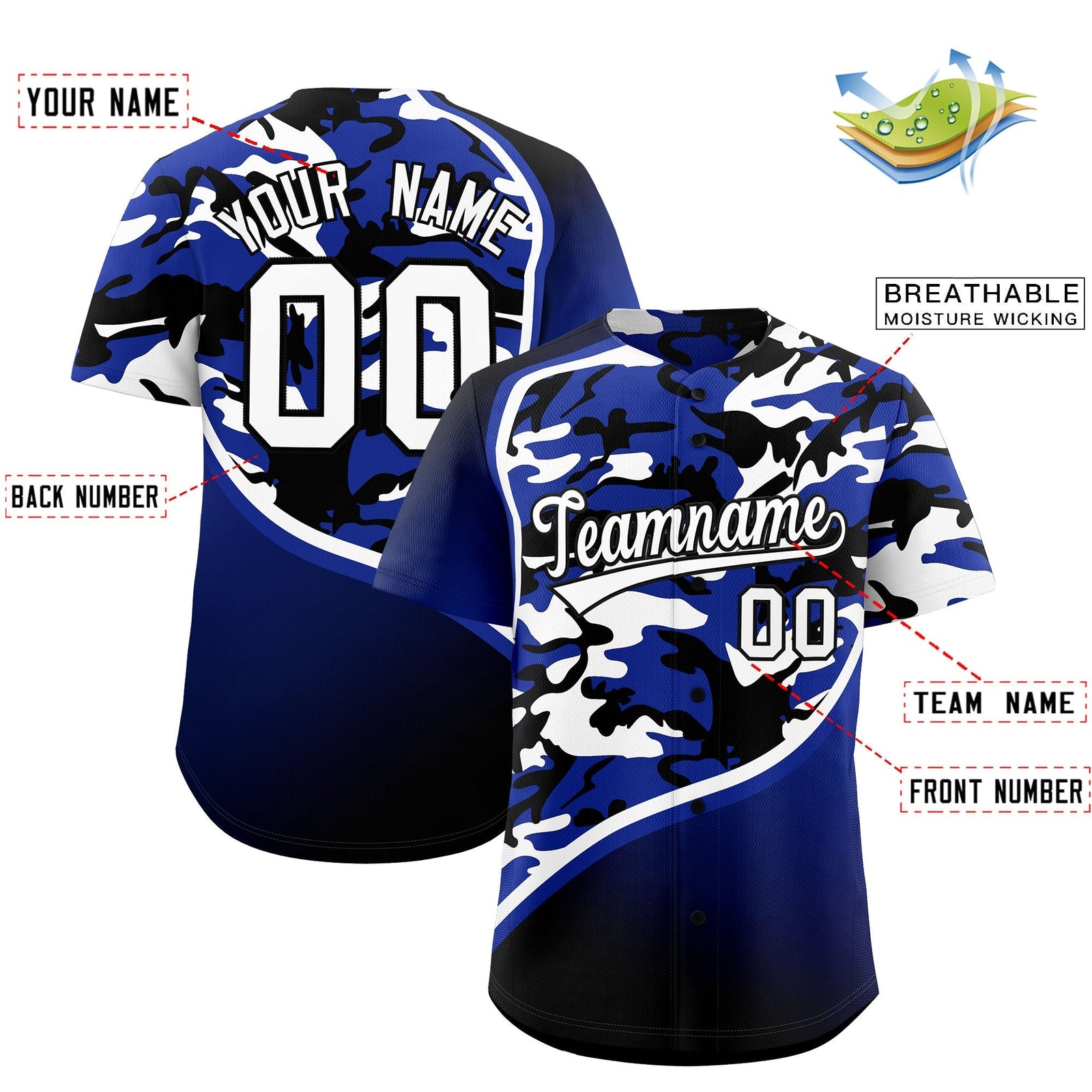 Custom Royal Blue Black White Camo Gradient Fashion Baseball Jersey | Perfect for Training,Sublimation Printed & Stitched,Add Name and Numbern,Perfect for Teams | KXKSHOP